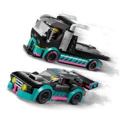 LEGO City Race Car and Car Carrier Truck set featuring a sleek black and teal race car with flared fenders and a matching truck, both showcasing vibrant details and minifigures ready for adventure.