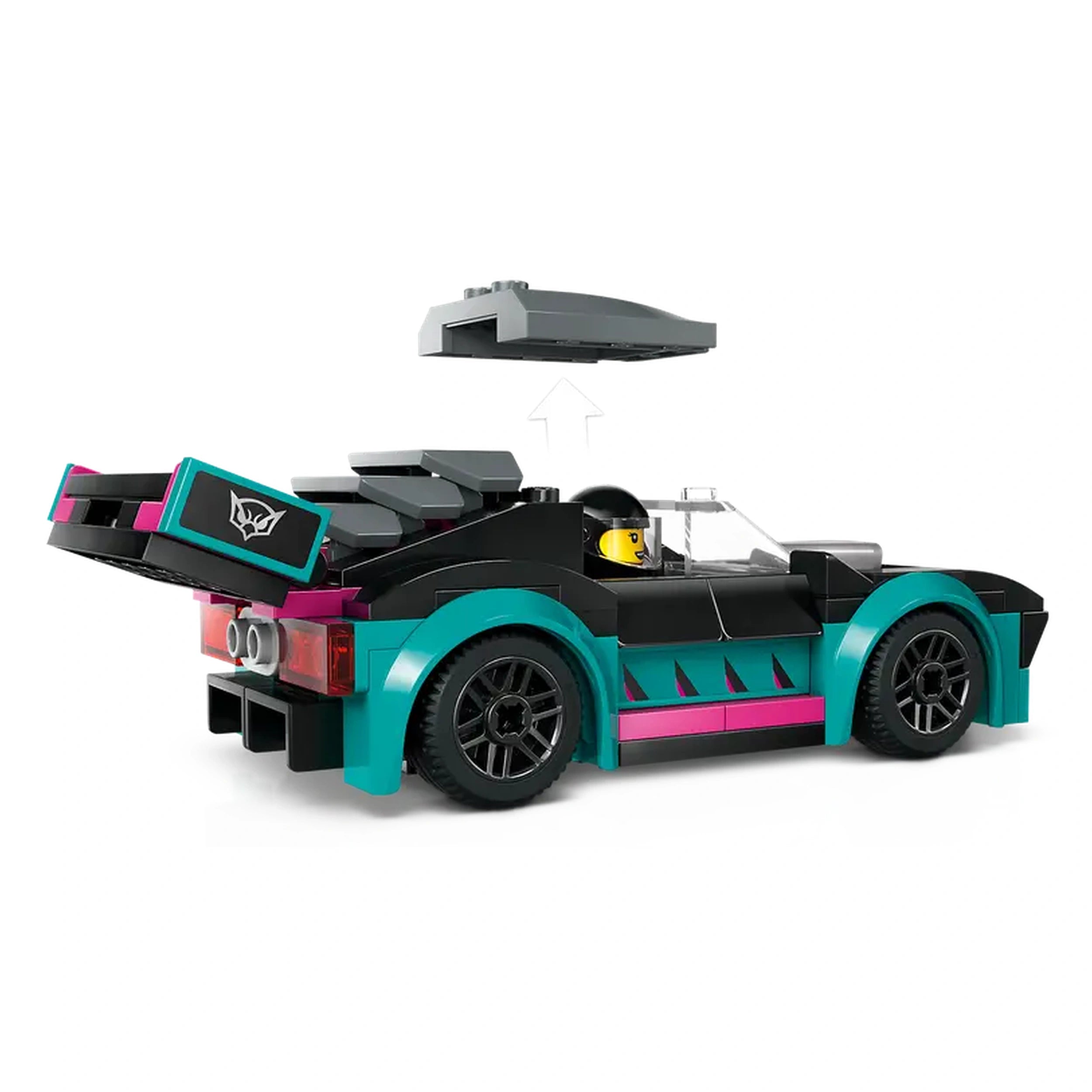 Sleek LEGO® City race car in black and teal with pink accents, featuring a detailed rear and a removable top. A minifigure driver sits inside, ready for action.