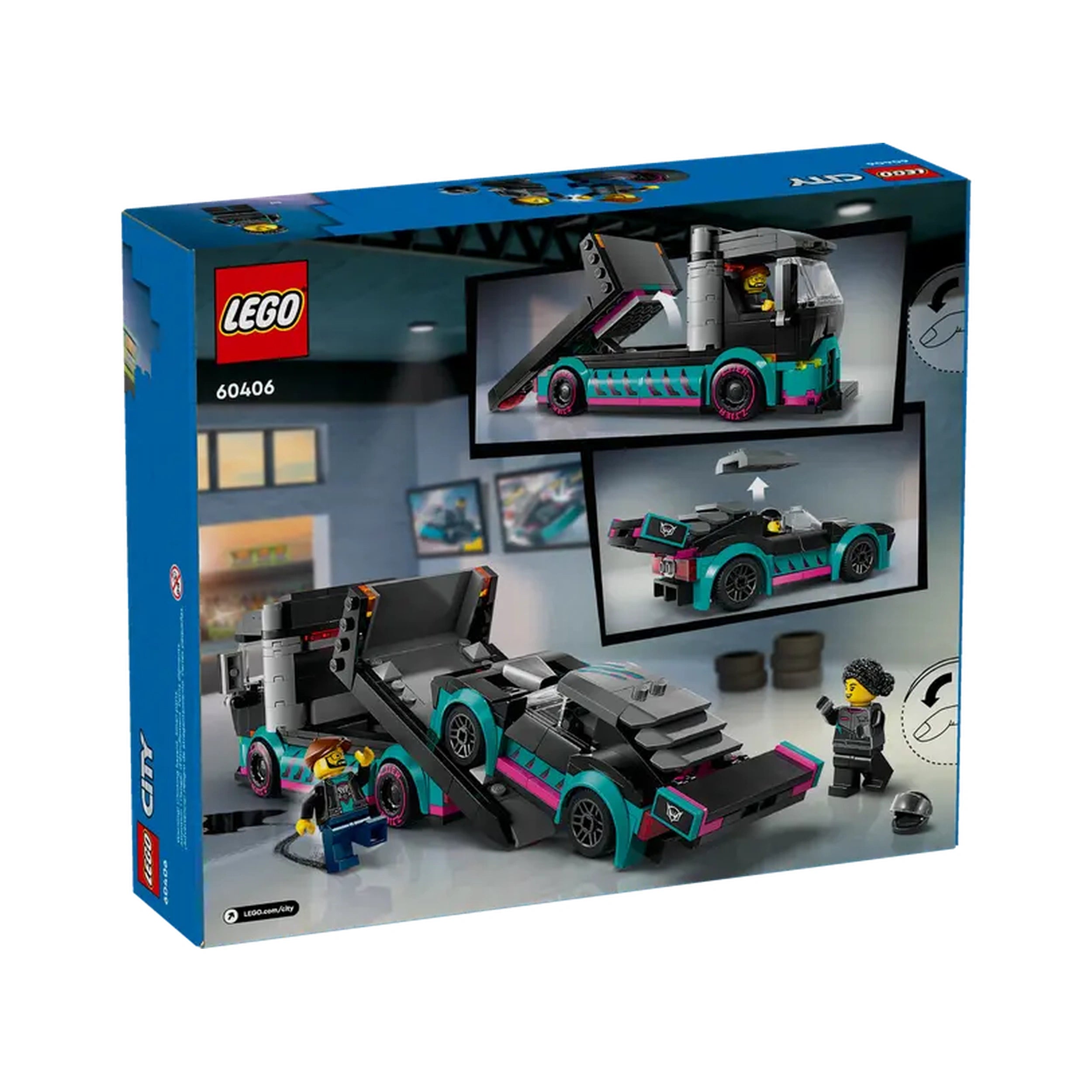 LEGO City Race Car and Car Carrier Truck construction set, featuring a vibrant truck with loading ramp, a sleek race car, and two minifigures in a garage setting.