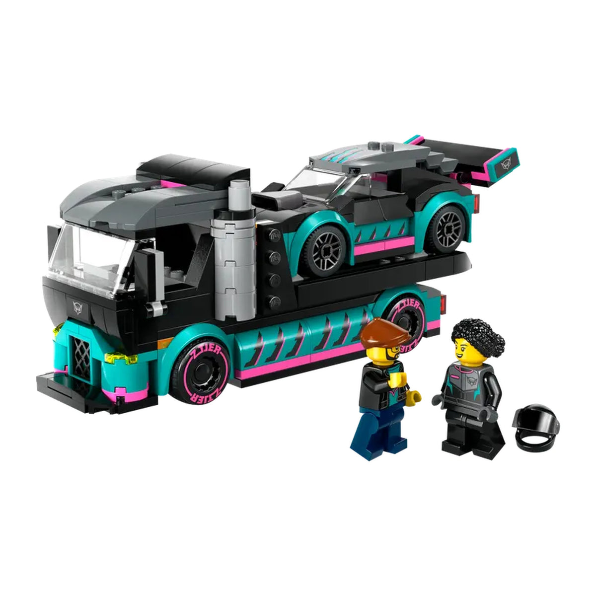 LEGO® City race car on a car carrier truck, with vibrant teal and pink details. Two minifigures, a driver and a mechanic, stand beside it, one holding a wrench.