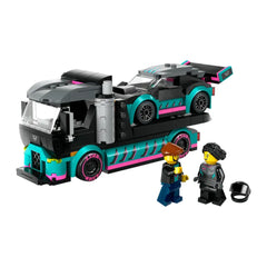 LEGO® City race car on a car carrier truck, with vibrant teal and pink details. Two minifigures, a driver and a mechanic, stand beside it, one holding a wrench.