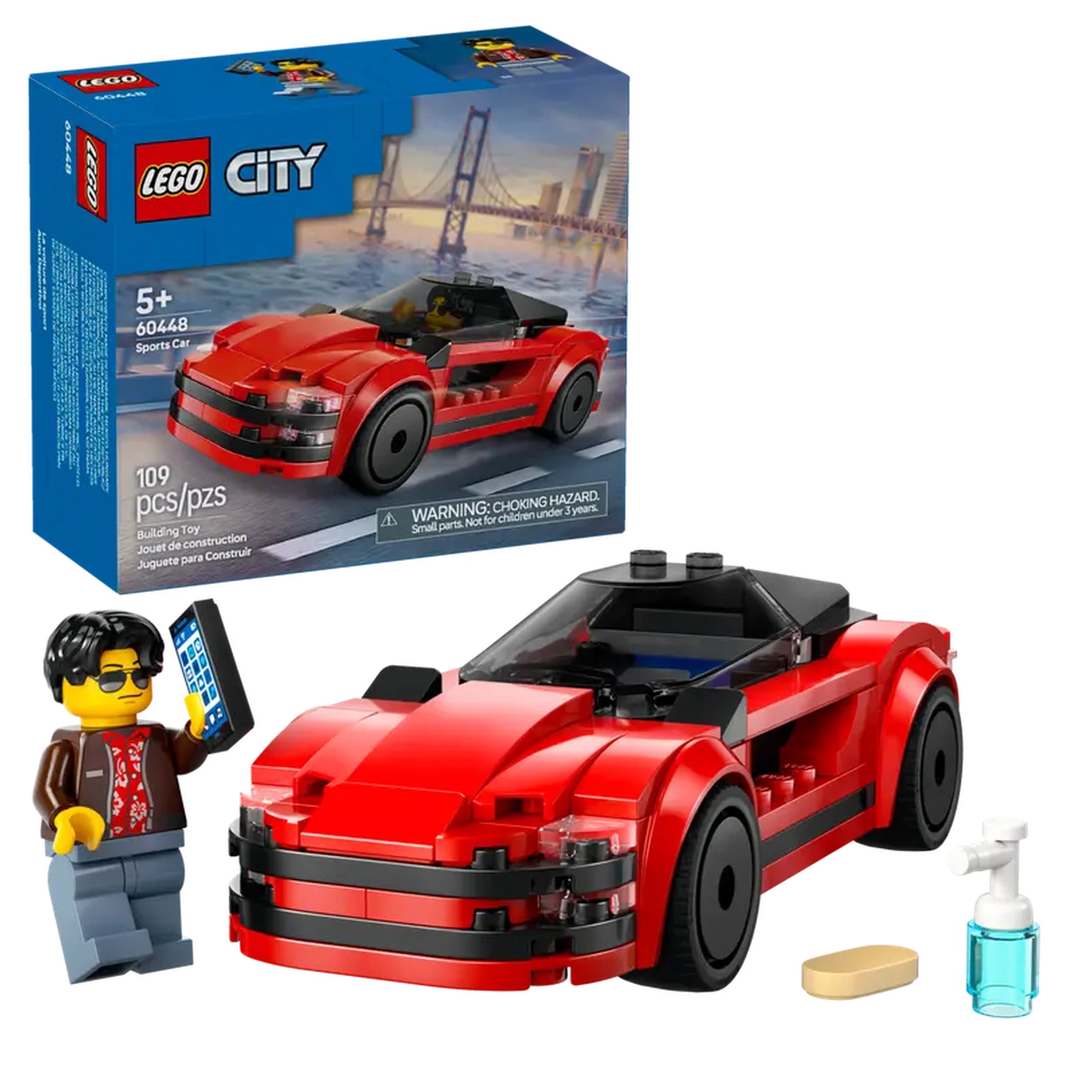 LEGO® City Sports Car set includes a vibrant red sports car with sleek design and tinted cockpit, accompanied by a driver minifigure holding a phone.