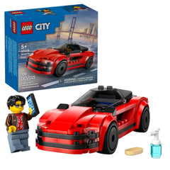 LEGO® City Sports Car set includes a vibrant red sports car with sleek design and tinted cockpit, accompanied by a driver minifigure holding a phone.
