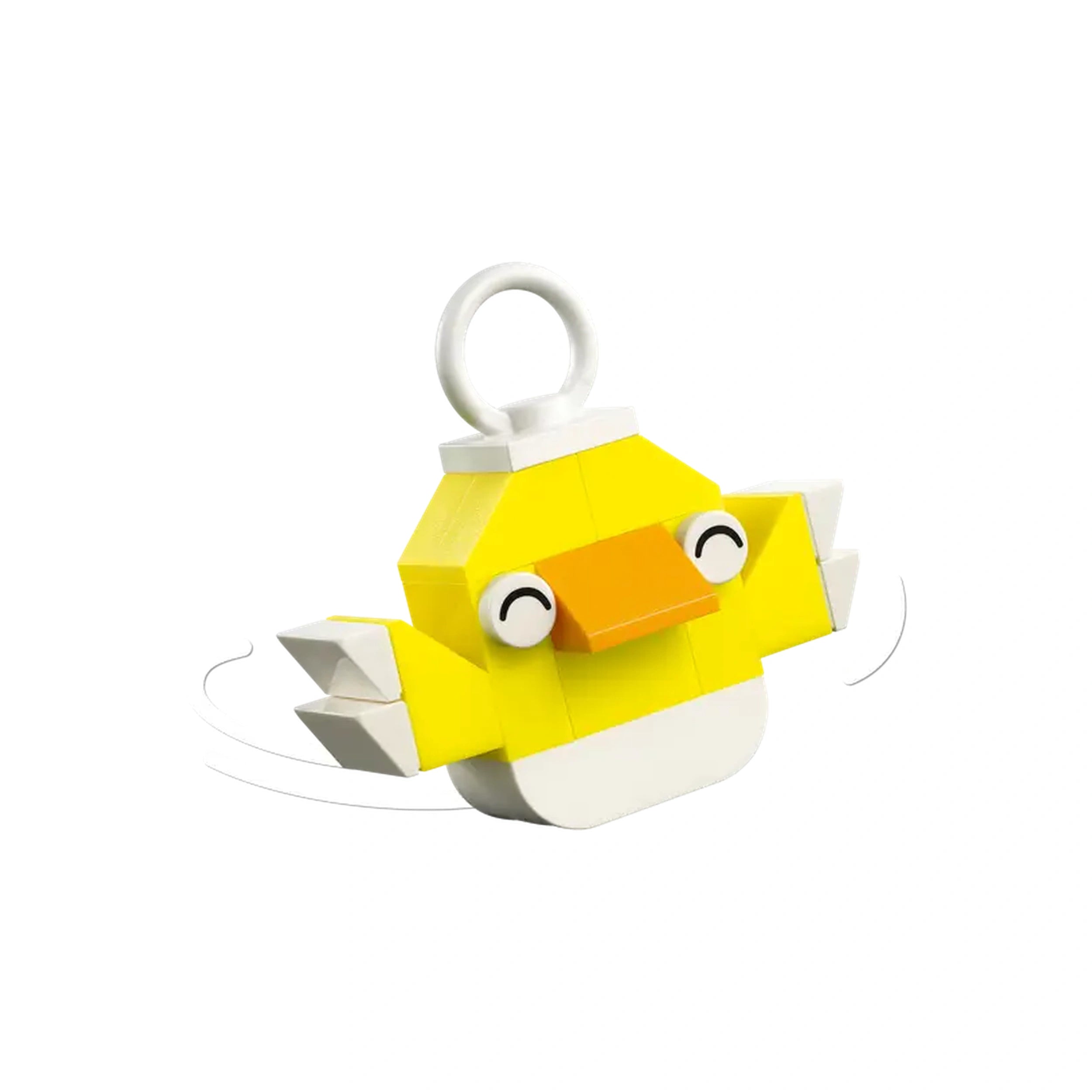 A cheerful yellow LEGO® bird with a bright orange beak and white accents, featuring a round attachment loop on top.