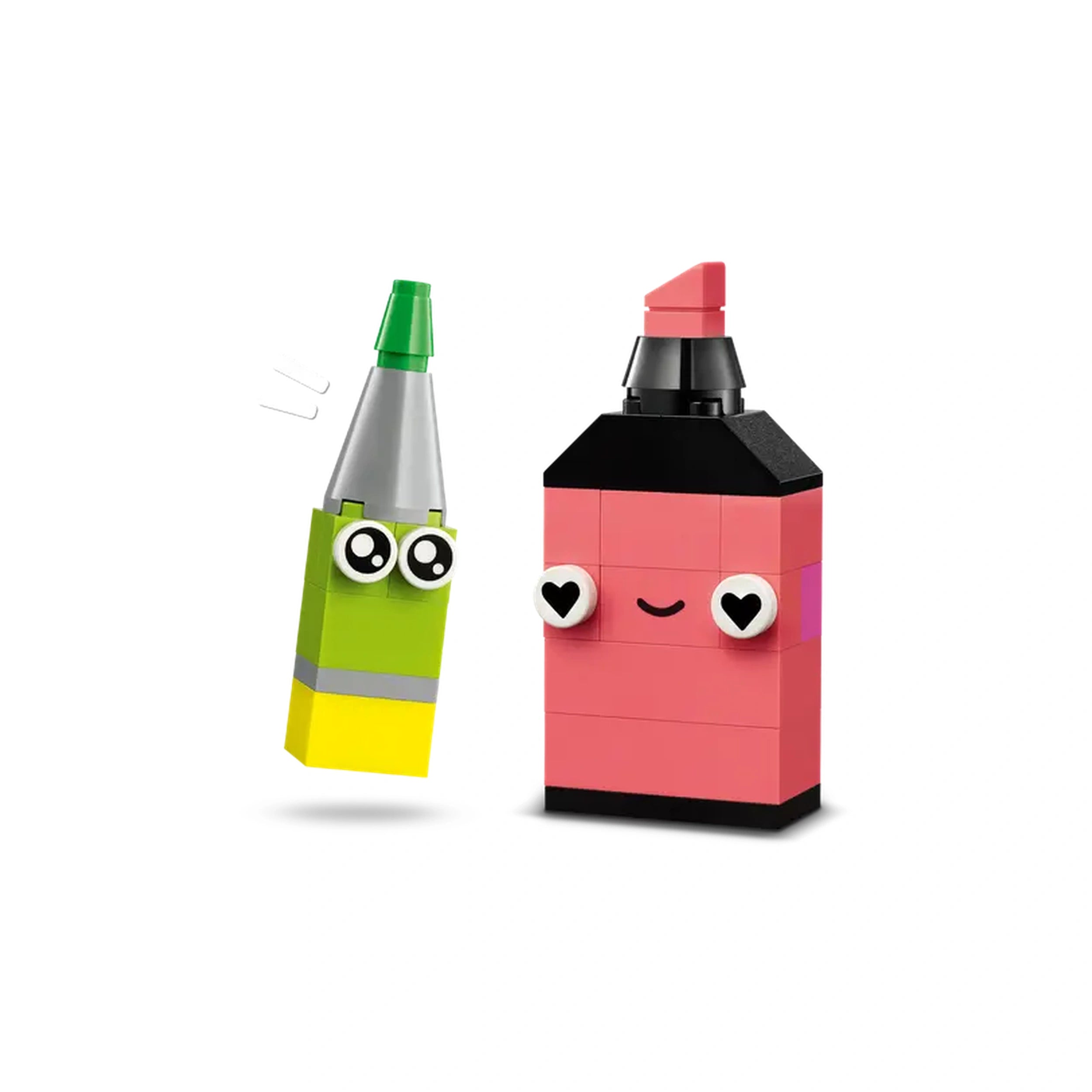 A cheerful green crayon with large eyes and a gray stripe stands next to a playful pink bottle with a smiling face and heart-shaped eyes. Both are made of LEGO bricks, showcasing vibrant colors.
