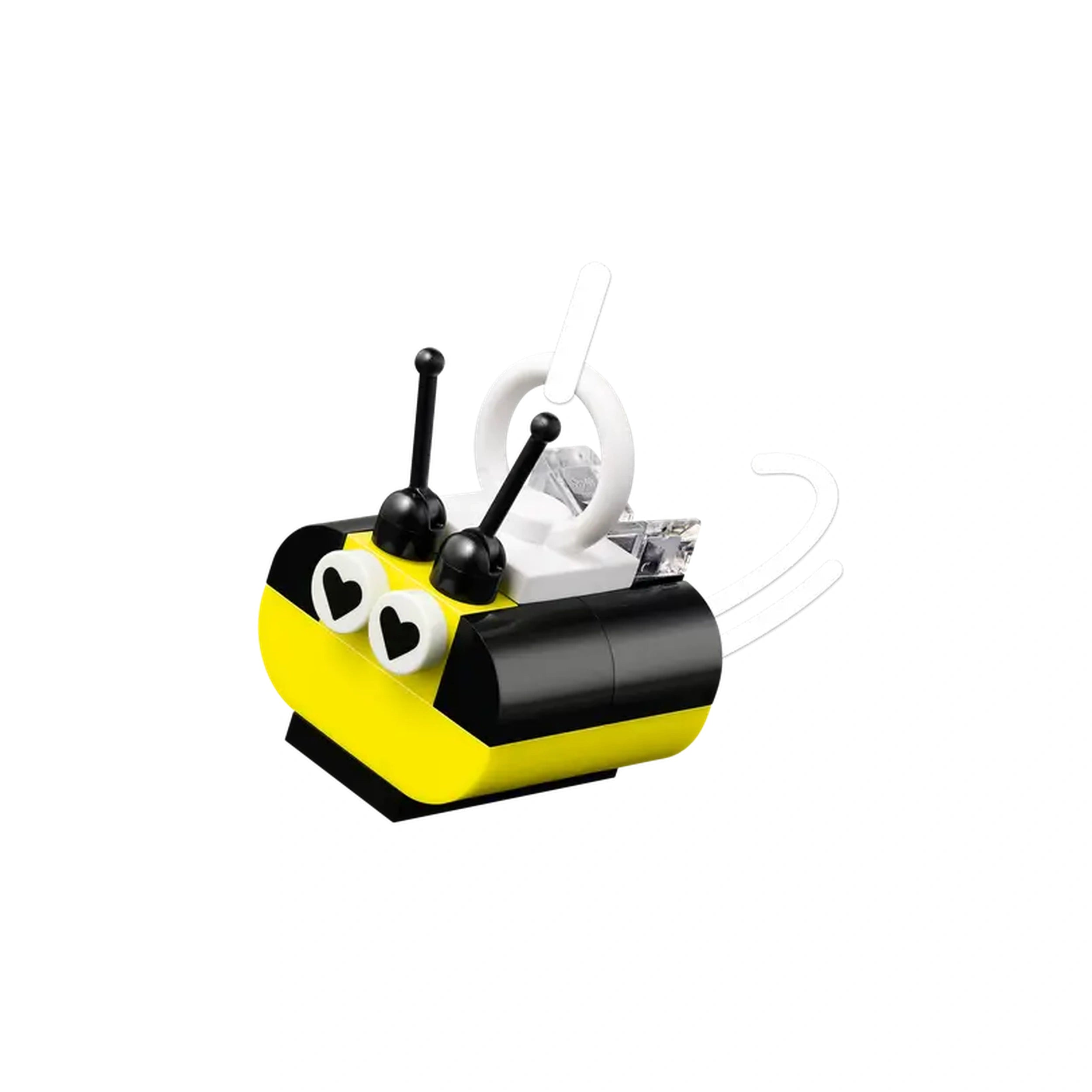 A cheerful LEGO bee model in vibrant yellow and black, featuring heart-shaped eyes and long antennas. The design reflects creativity and playfulness, perfect for inspiring young builders.