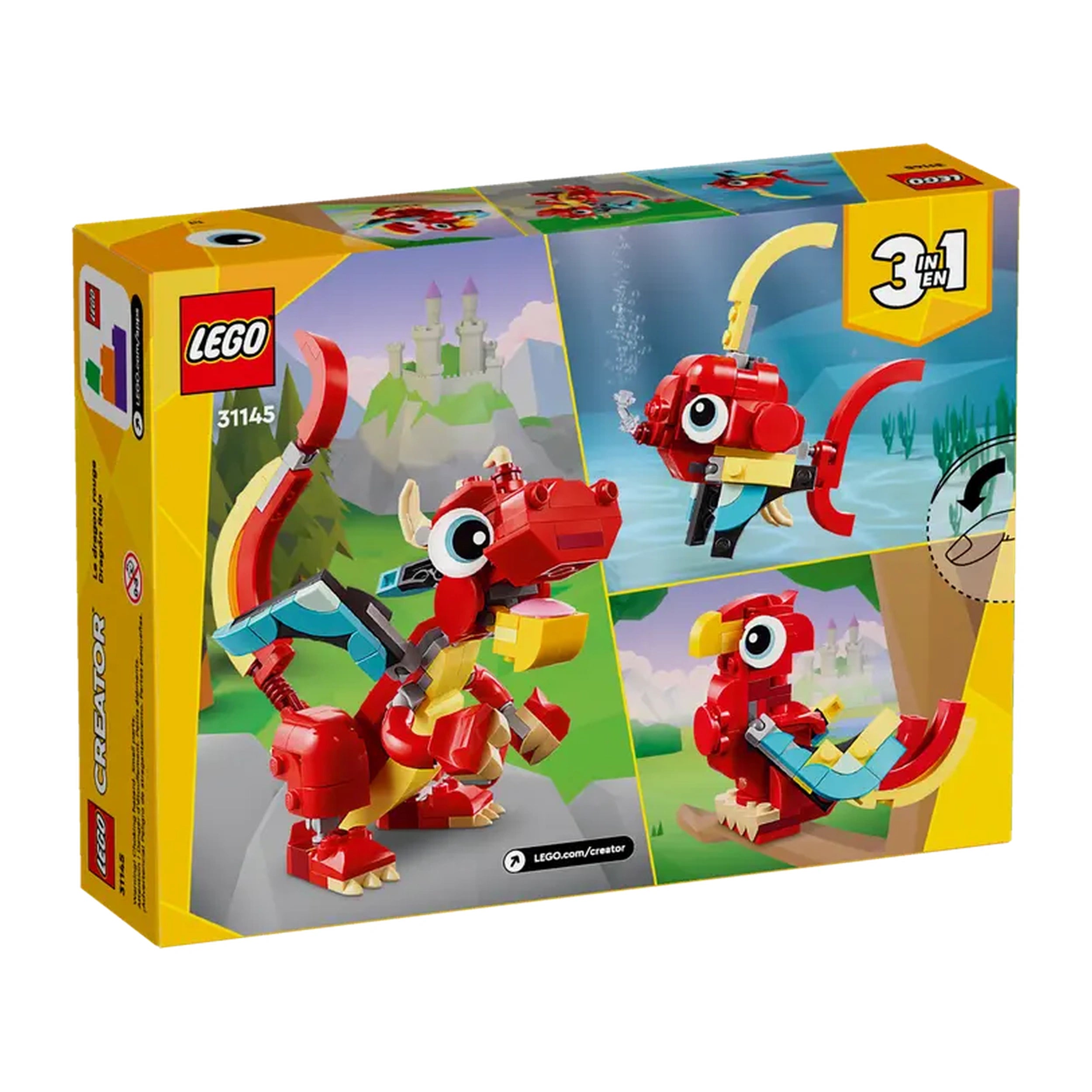 LEGO Creator Red Dragon Construction Set (31145) box featuring a vibrant red dragon, colorful character options, and scenic background elements.