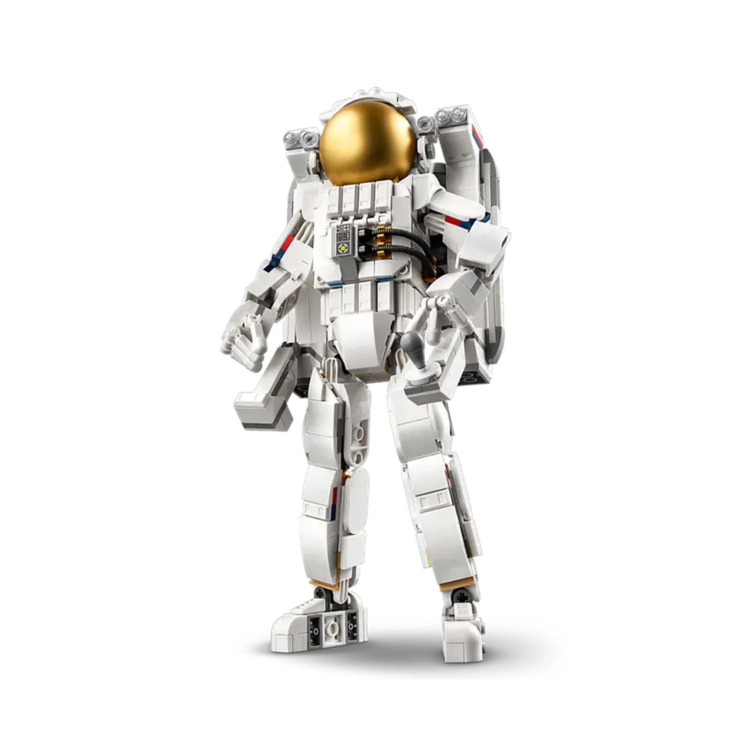Highly detailed LEGO astronaut figure with a golden visor, white spacesuit, and a jet propulsion backpack, posed for space adventures.