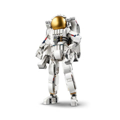 Highly detailed LEGO astronaut figure with a golden visor, white spacesuit, and a jet propulsion backpack, posed for space adventures.