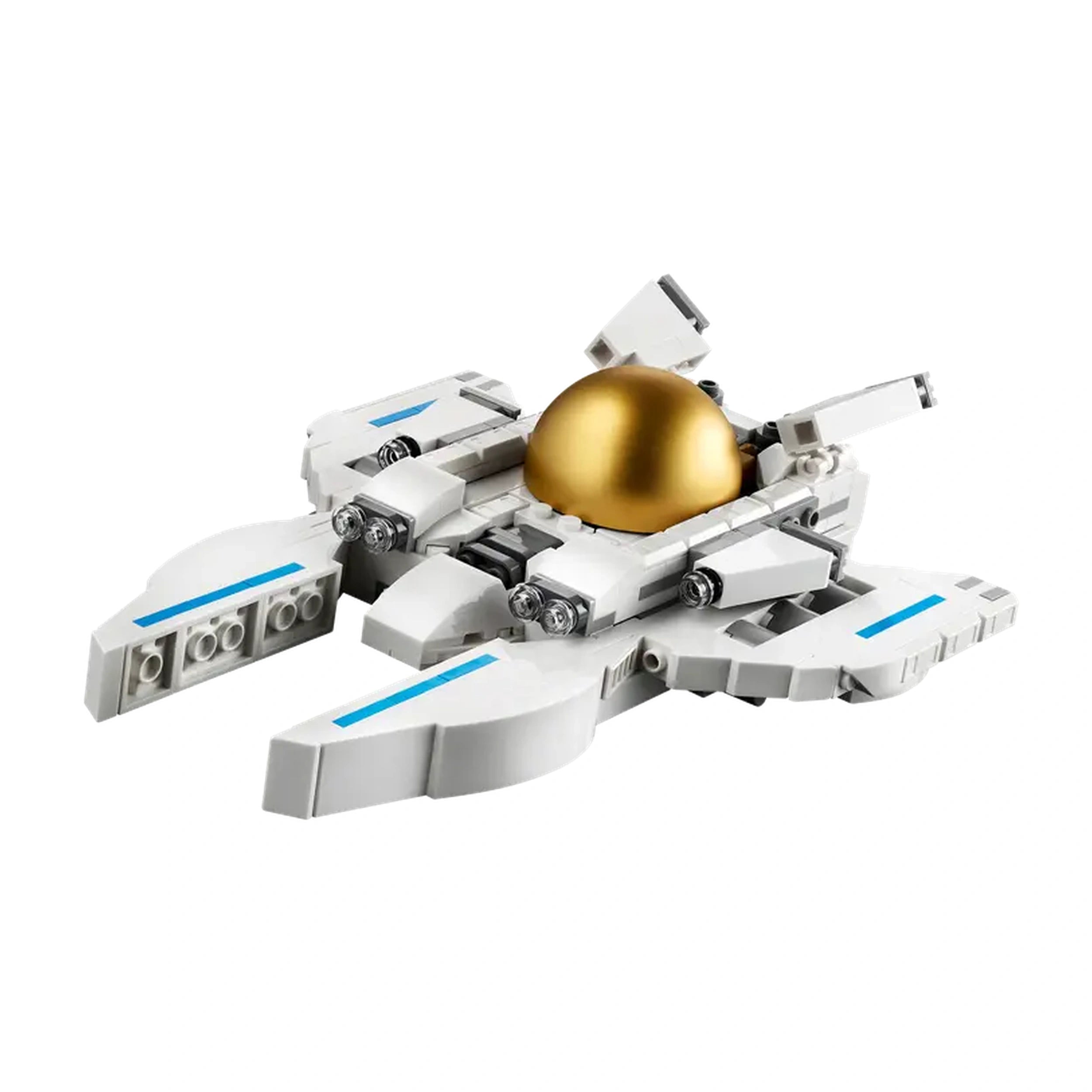 A sleek white space viper jet with blue accents and a shiny gold dome on top. It features two pointed wings, a detailed cockpit, and various intricate components, showcasing its futuristic design.