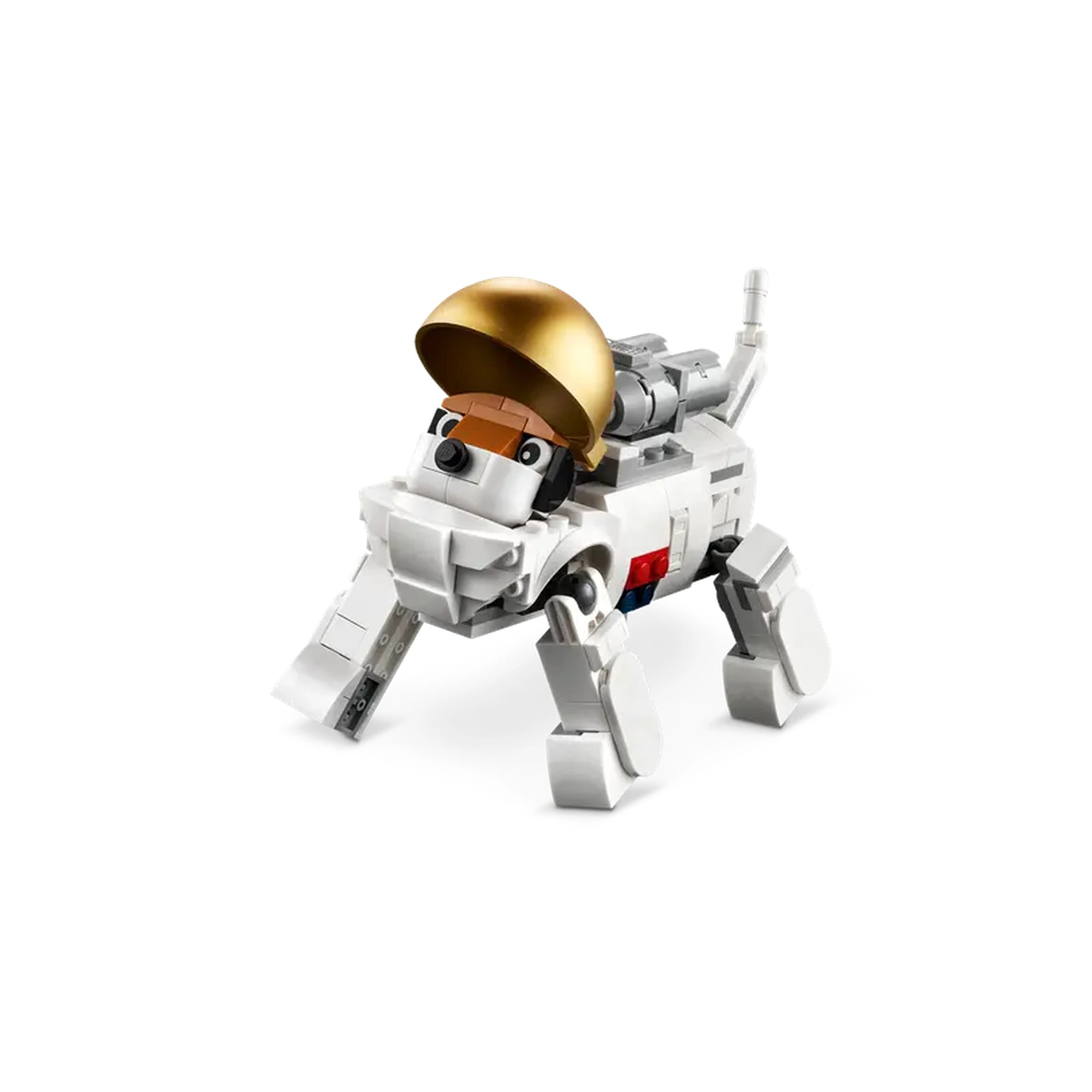A small LEGO space dog featuring a white body, brown accents, and a shiny gold helmet, with posable legs and tail.