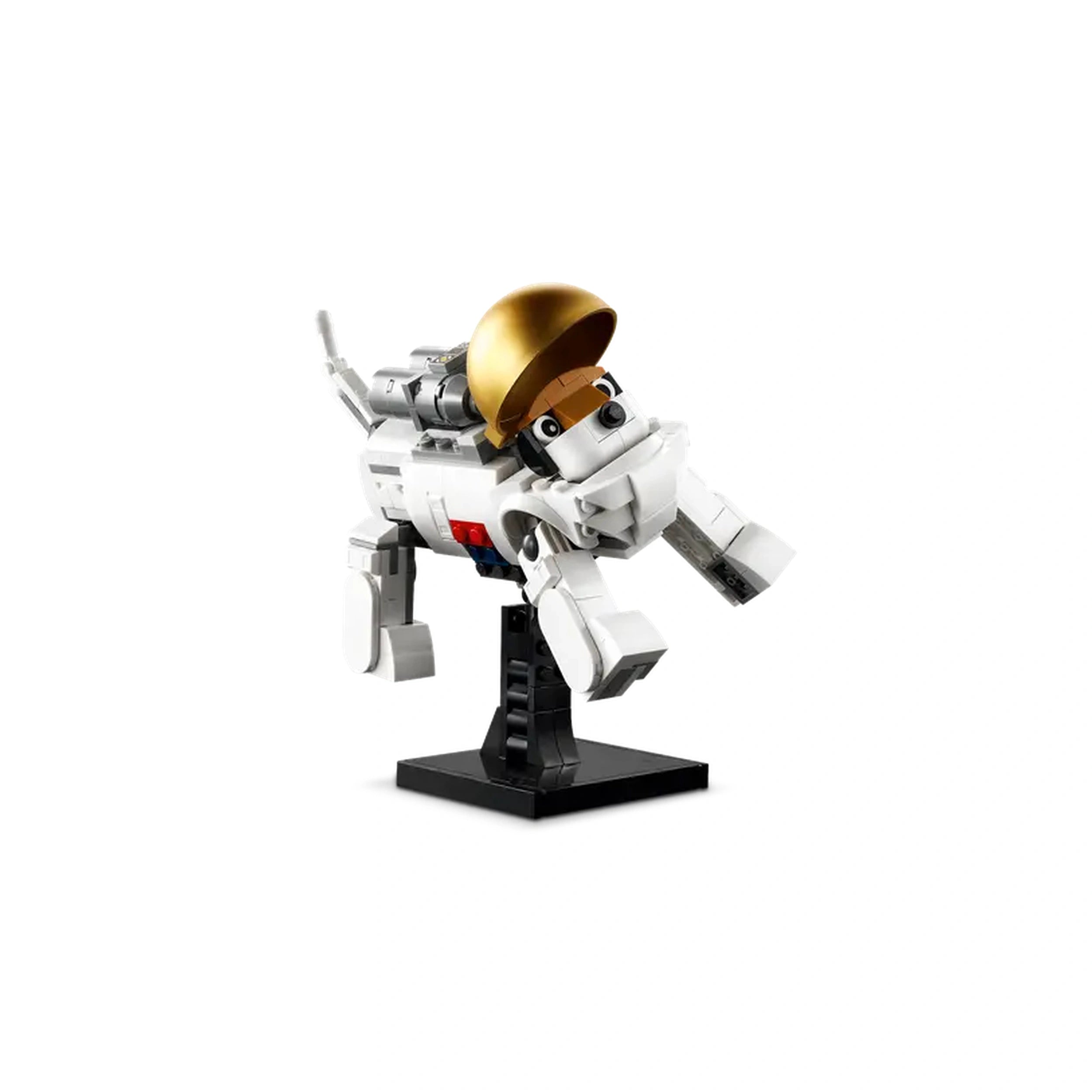 A LEGO-built futuristic space dog in white, featuring a brown face and a shiny gold helmet, displayed on a black stand.