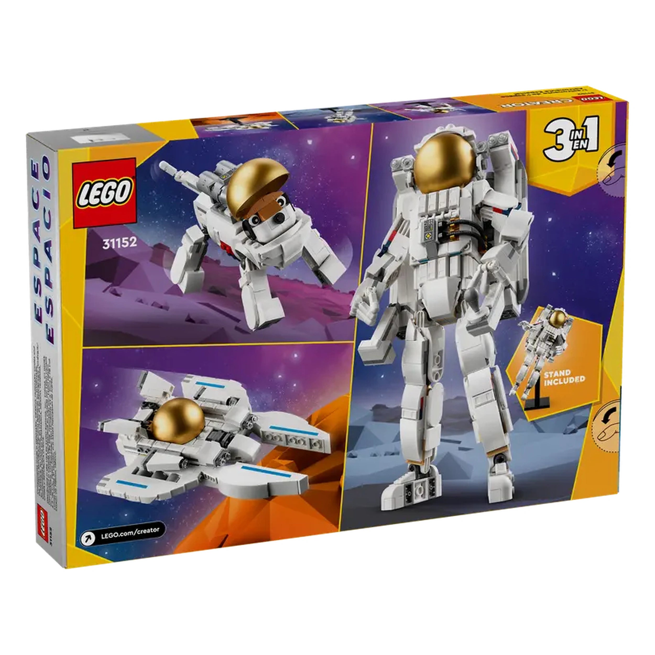 LEGO Creator Space Astronaut construction set, featuring a detailed astronaut figure with a golden visor, a futuristic space dog, and a sleek space viper jet on a colorful cosmic background.