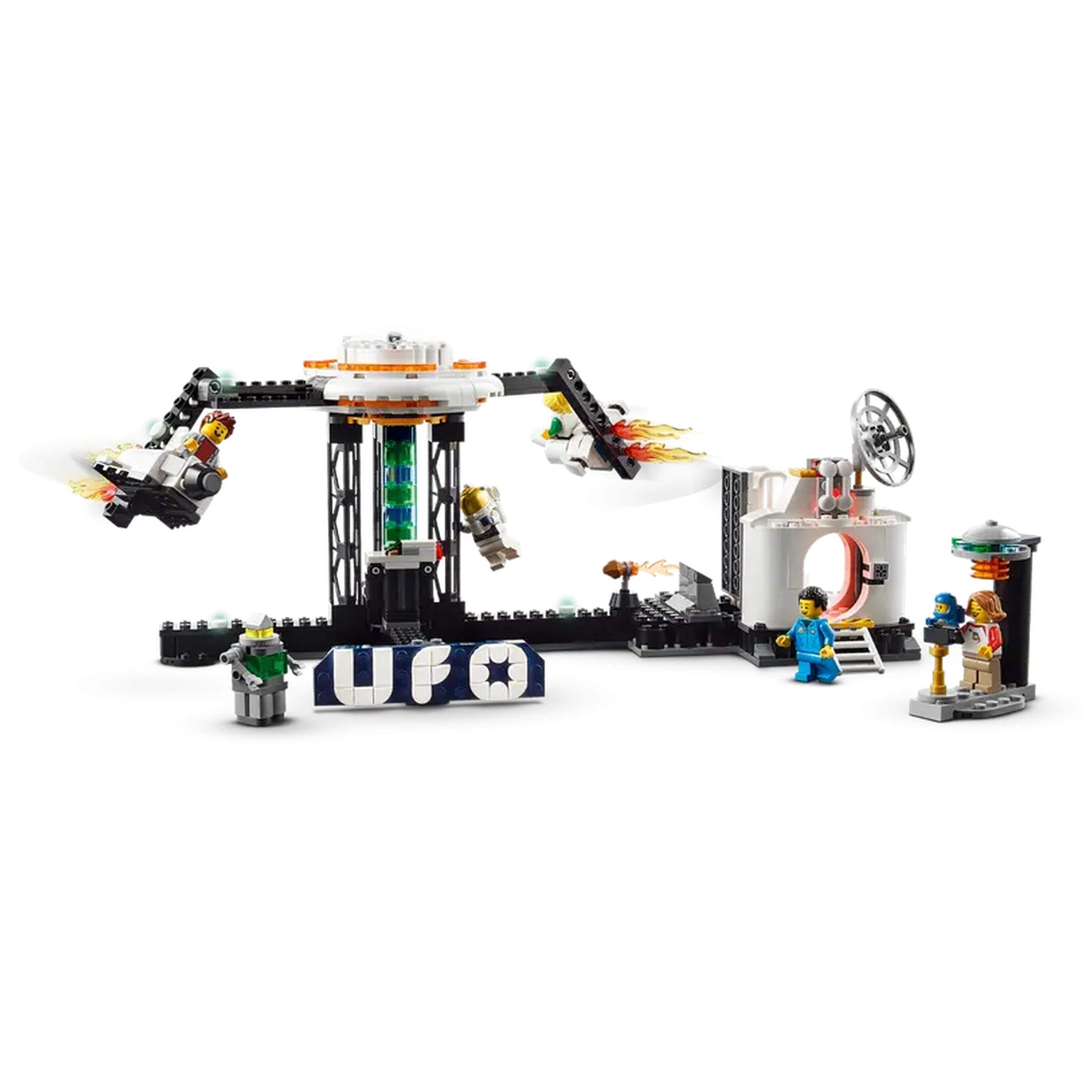LEGO Creator 3in1 Space Roller Coaster set with dynamic tracks, three moving carts, a UFO centerpiece, and five minifigures.