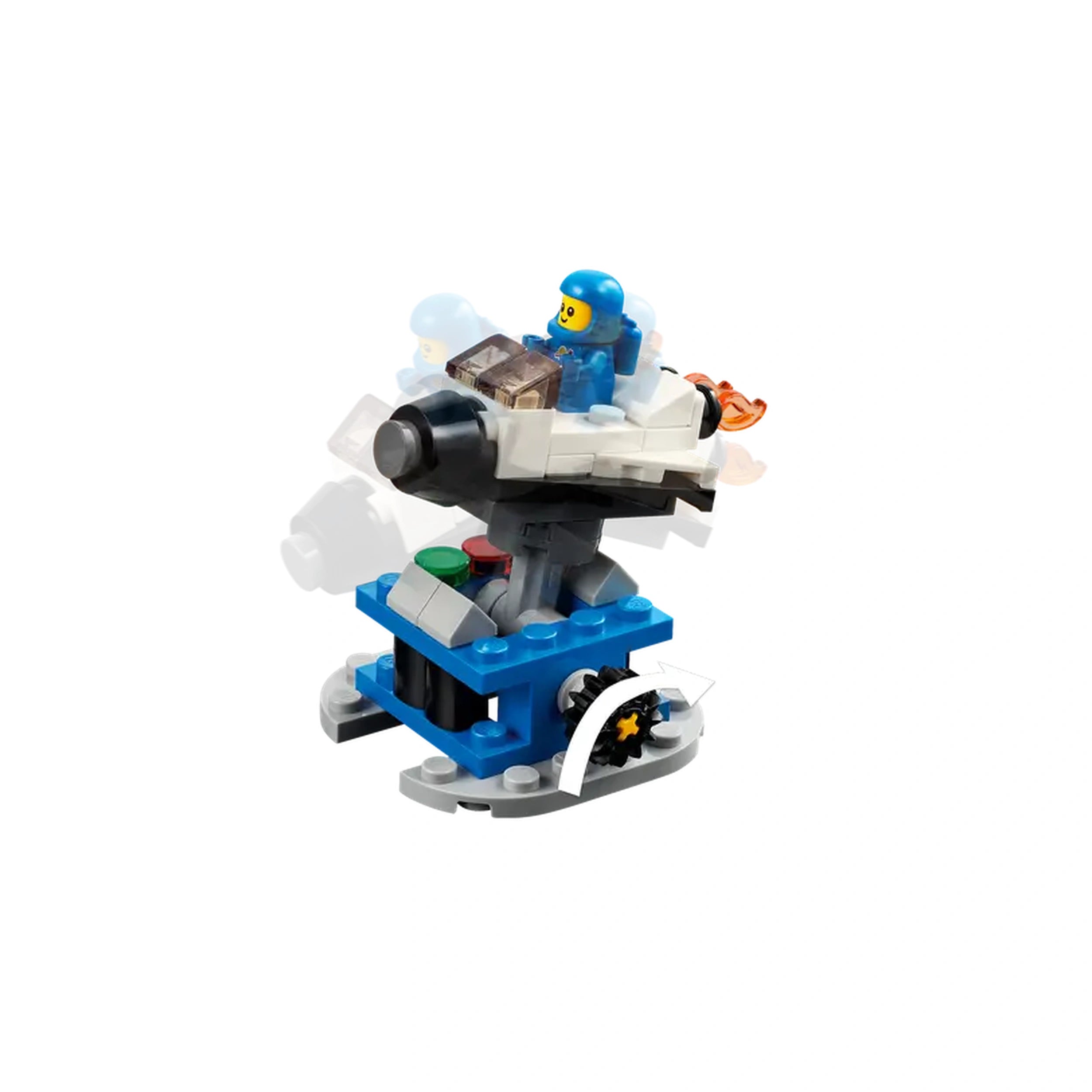 LEGO Creator Space Roller Coaster set featuring a blue rocket with a minifigure pilot, colorful control buttons, and dynamic moving parts.