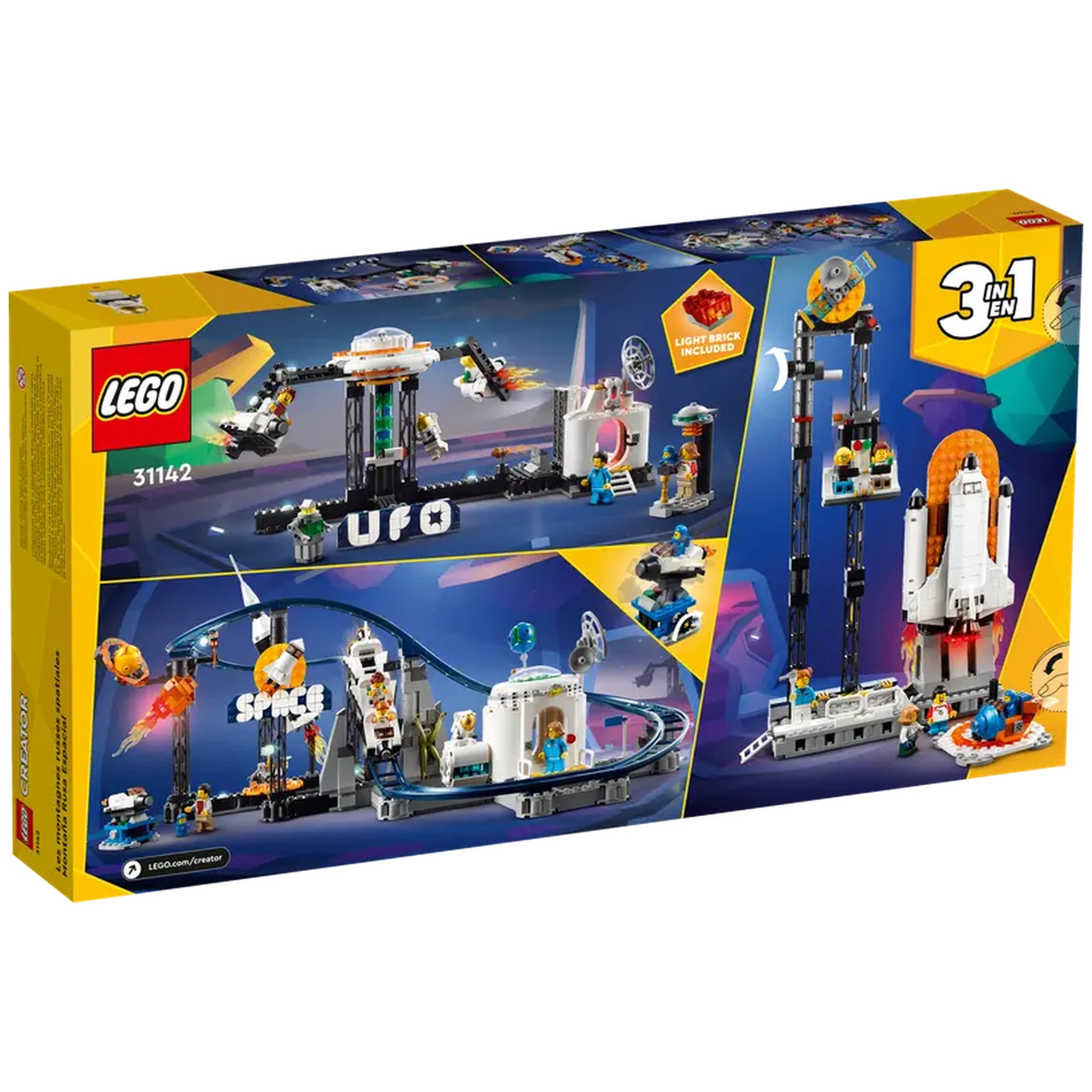 LEGO Creator 3in1 Space Roller Coaster set featuring vibrant cosmic-themed amusement park rides, minifigures, and a light-up meteor.