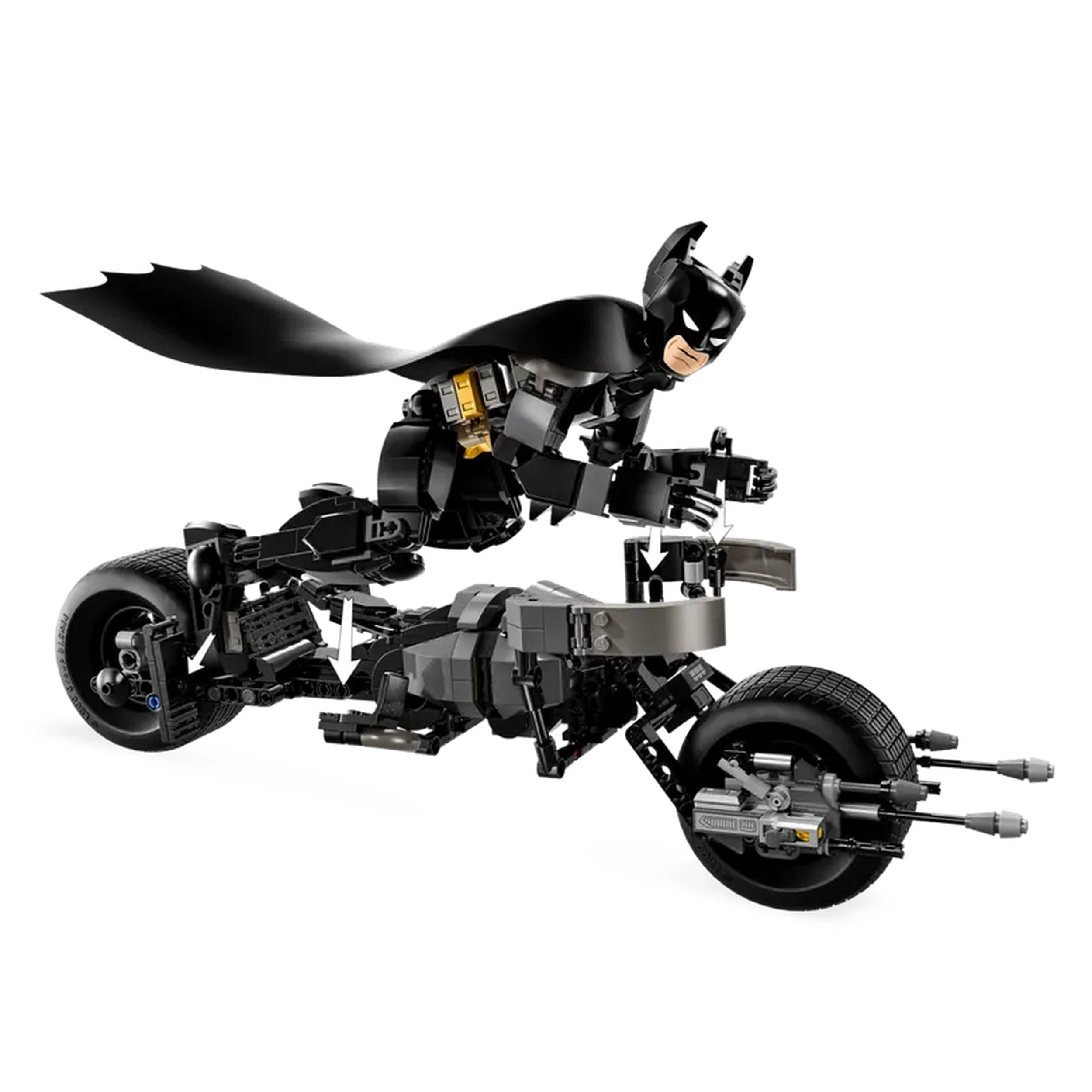 Batman, in a black costume with a flowing cape, rides the Bat-Pod bike. The figure is highly detailed and fully posable, showcasing dynamic action. The sleek bike features large black wheels and two stud launchers, emphasizing a high-tech design.