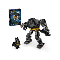 Batman Mech Armor LEGO set featuring a large black mech with a yellow belt, alongside a Batman minifigure in a black cape. The vibrant box showcases the product's branding and highlights.