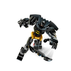 Batman Mech Armor in black and yellow, striking a dynamic pose while holding a skateboard, showcasing its playful and action-ready design.