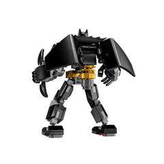Black LEGO Batman mech armor figure showcasing a large, detailed design with gold and gray accents, and a flowing cape.