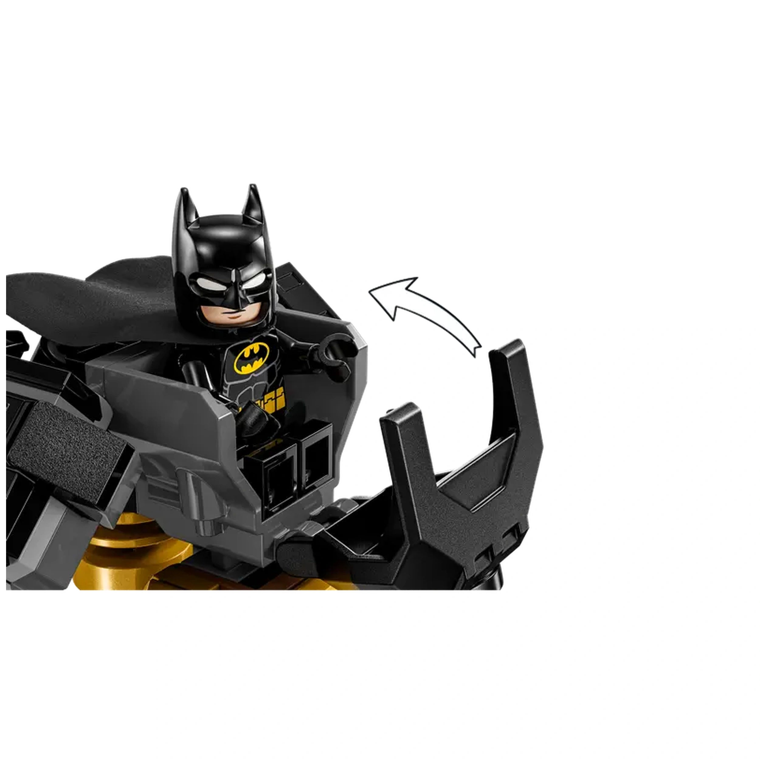 LEGO Batman minifigure seated in a black mech armor with a cape, ready for action. The mech features a dynamic pose and intricate details.