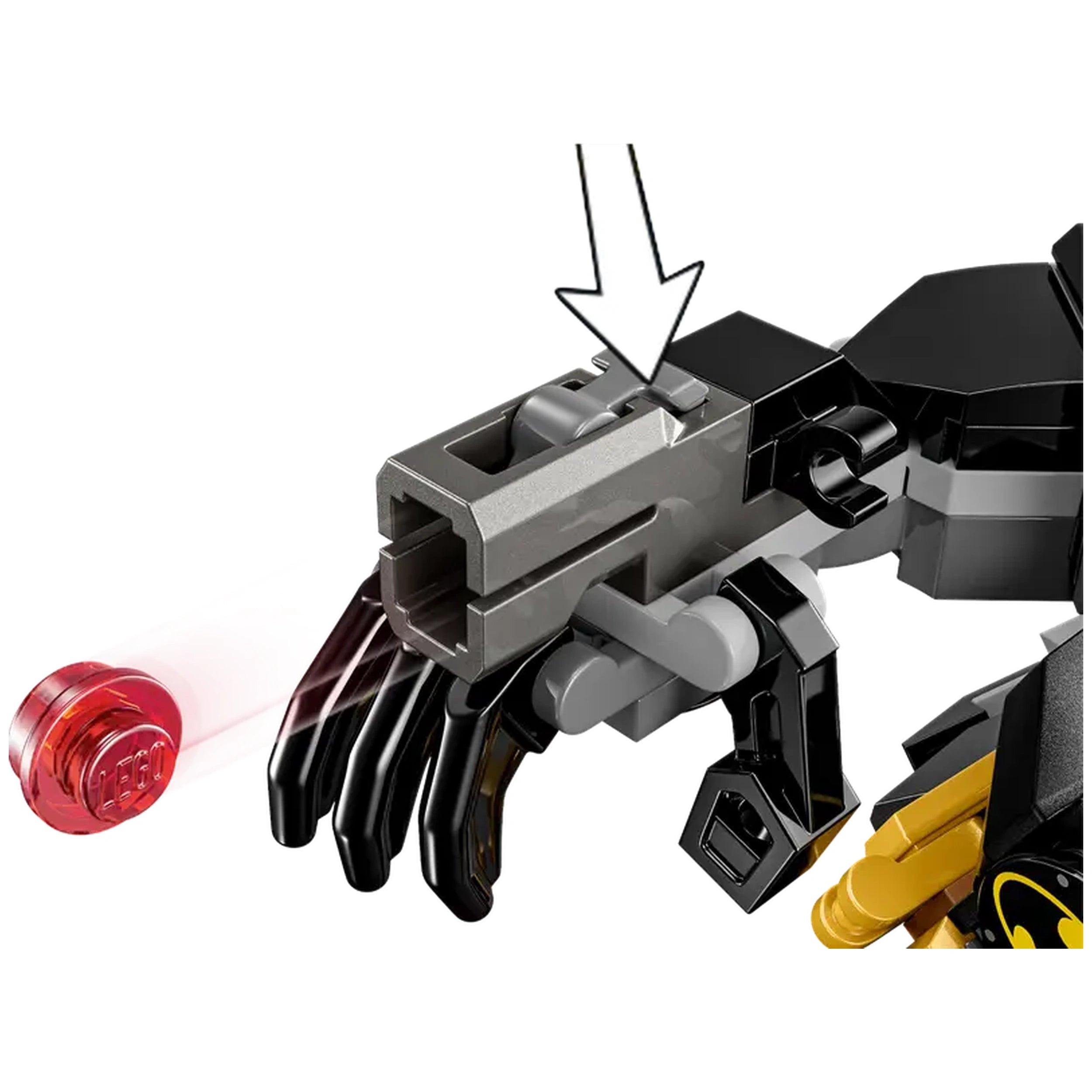 Black Batman mech arm with a gray blaster, pointed at a red LEGO projectile. Dynamic pose ready for action.