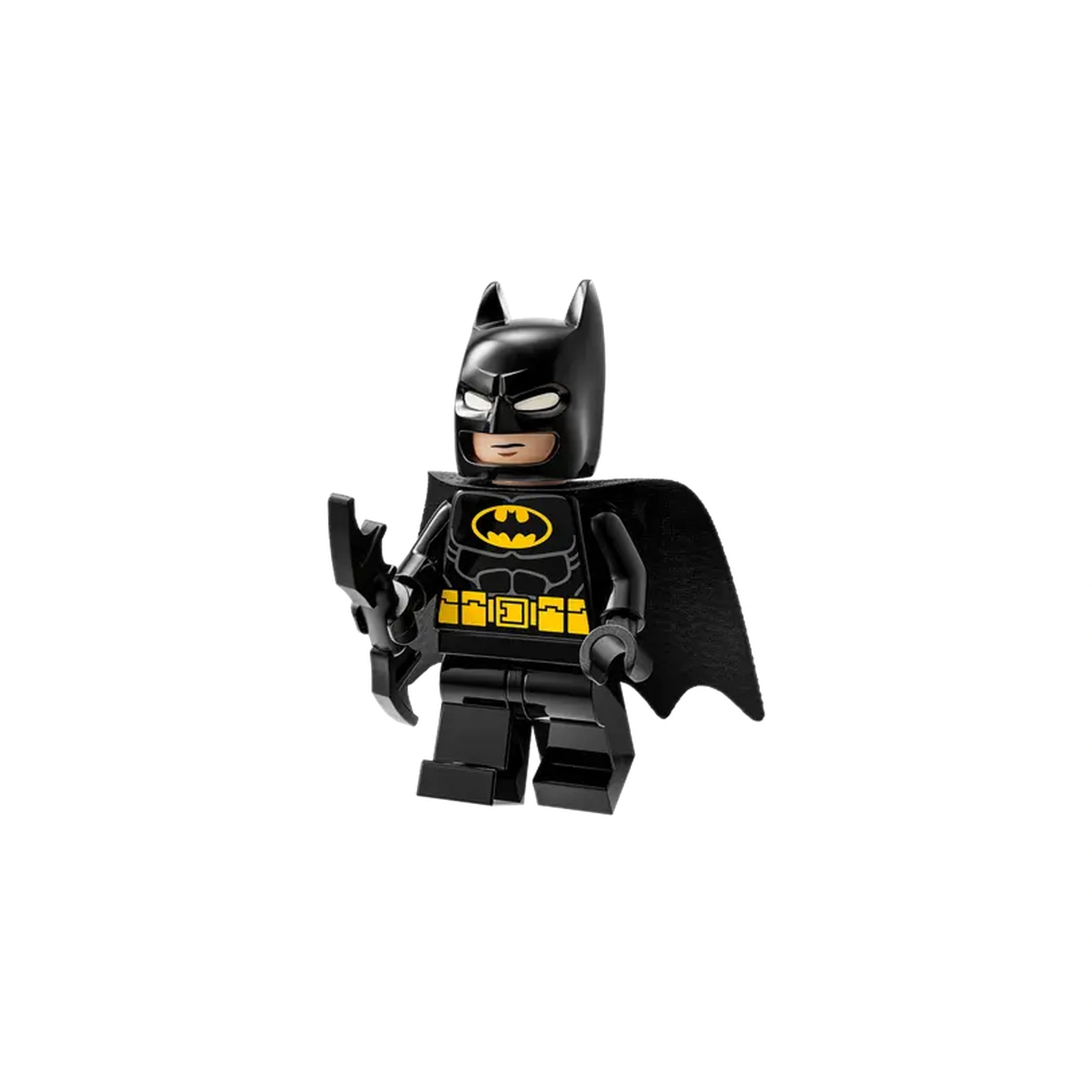 LEGO Batman minifigure stands with a confident expression, wearing a black suit and cape, holding a gadget in one hand, showcasing iconic yellow and black colors.