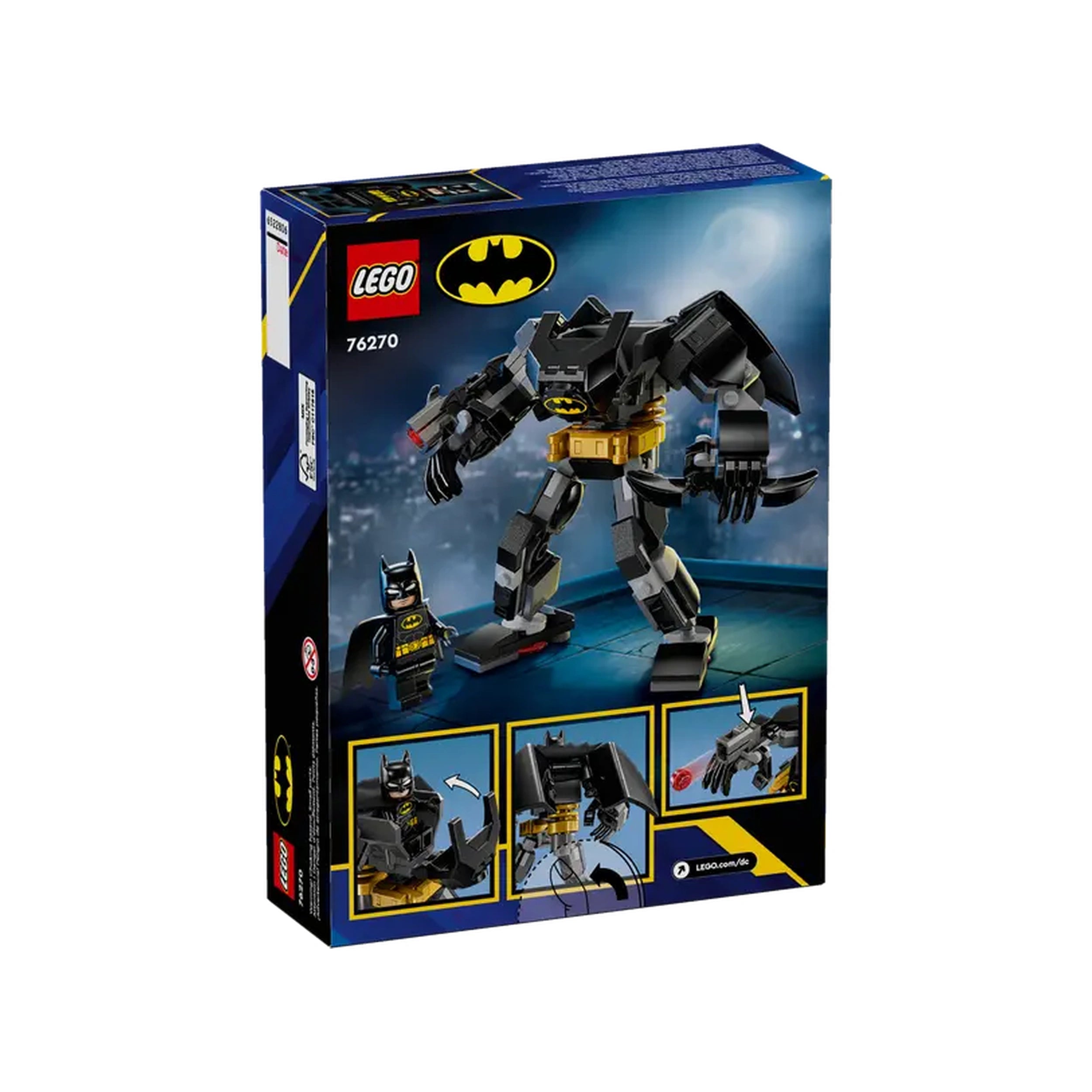 LEGO Batman Mech Armor construction set featuring a large mech figure with a Batman minifigure, set on a cityscape background.