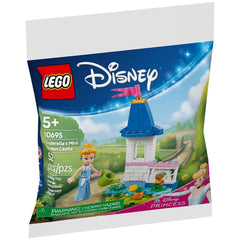 Cinderella's Mini Garden Castle Lego set featuring Cinderella with a watering can, vibrant colors, and a scenic garden backdrop.