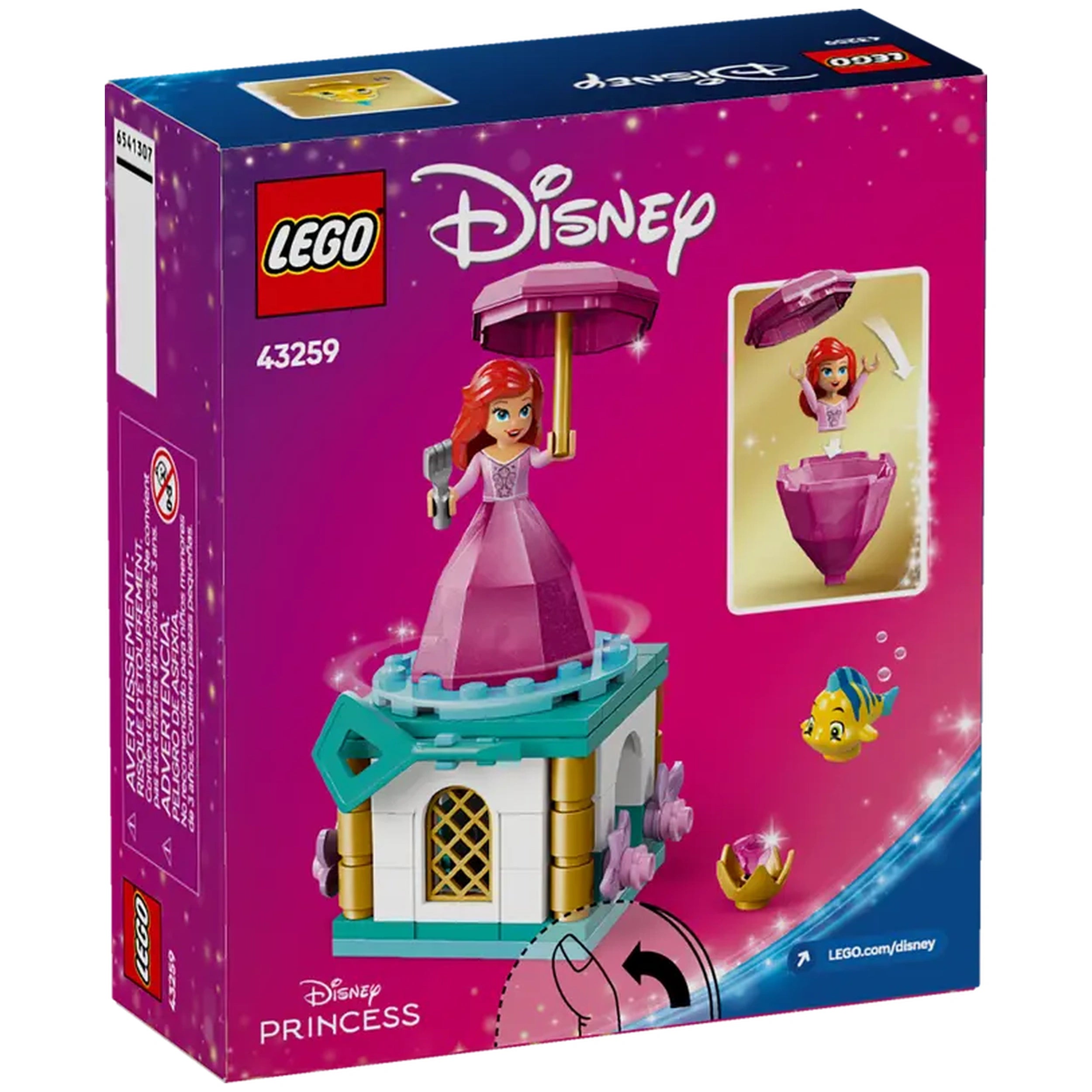 Pink LEGO® Disney Princess construction set featuring Ariel in a sparkly dress, holding an umbrella atop a decorated base. Flounder and accessories included.