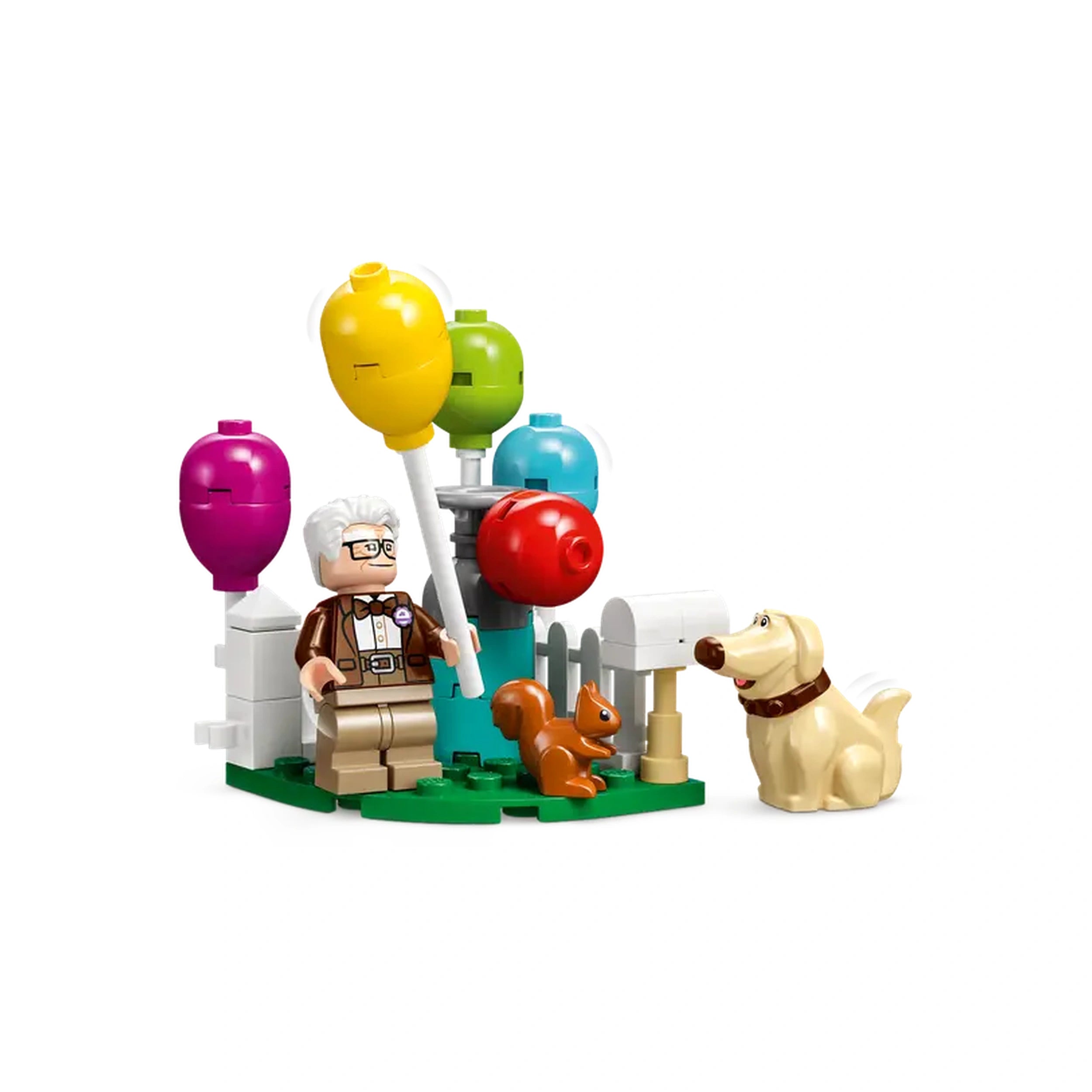 LEGO minifigure of Carl Fredricksen holding colorful balloons, with a small brown squirrel and a yellow dog by a white picket fence.