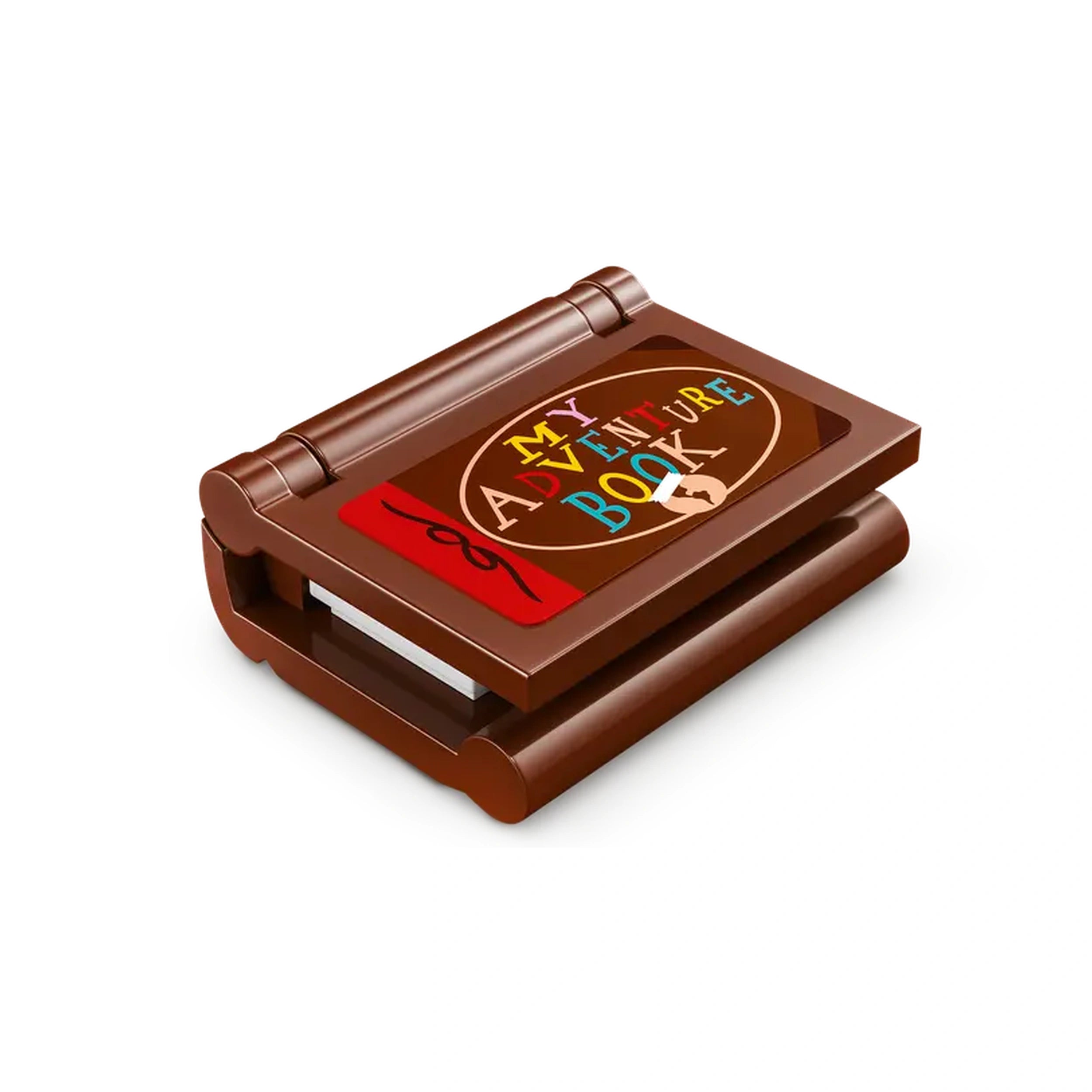 A detailed, brown LEGO book titled "My Adventure Book" with colorful letters on the cover, featuring a red accent.