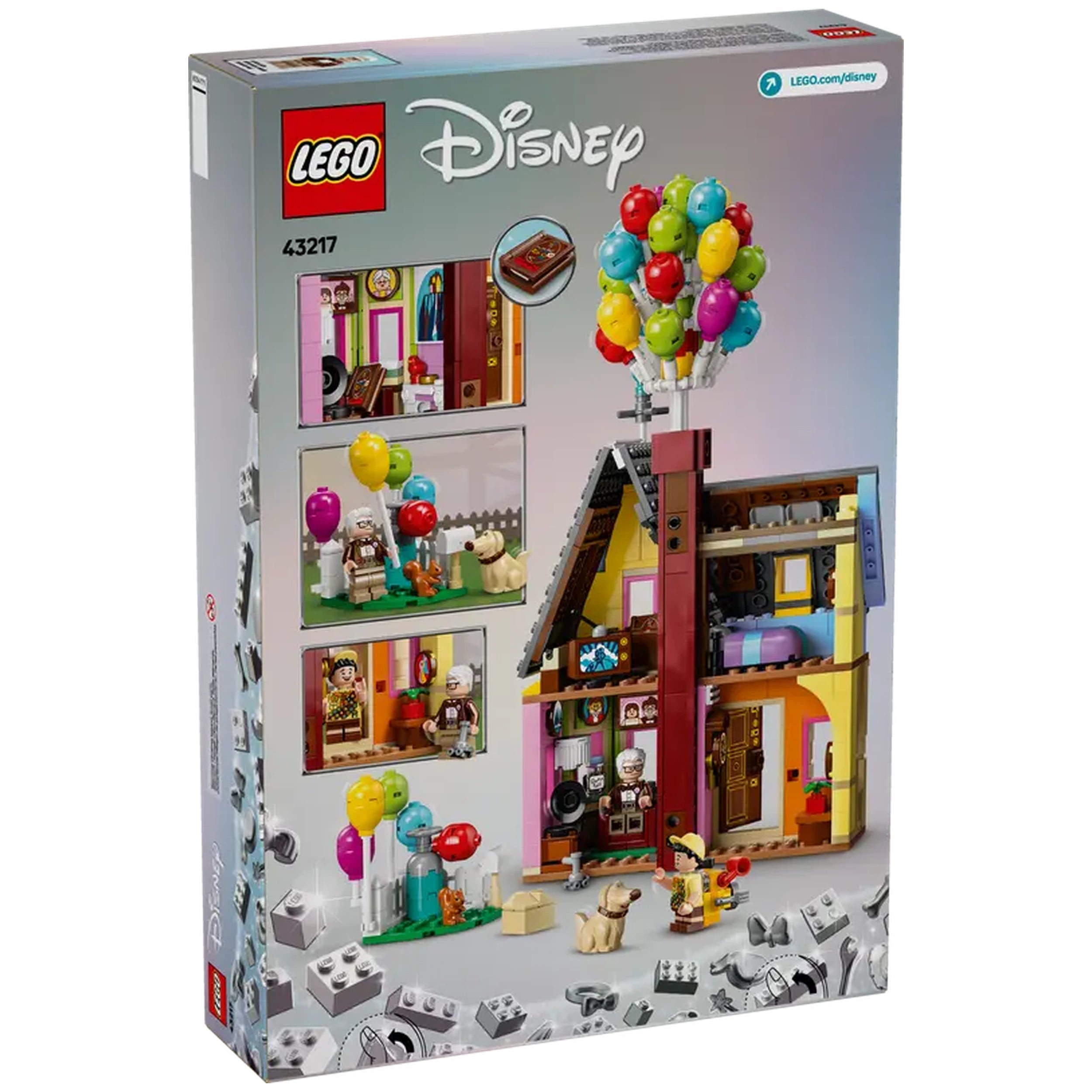 LEGO® Disney 'Up' House construction set featuring colorful balloons, the iconic house, and minifigures Carl, Russell, and Dug.