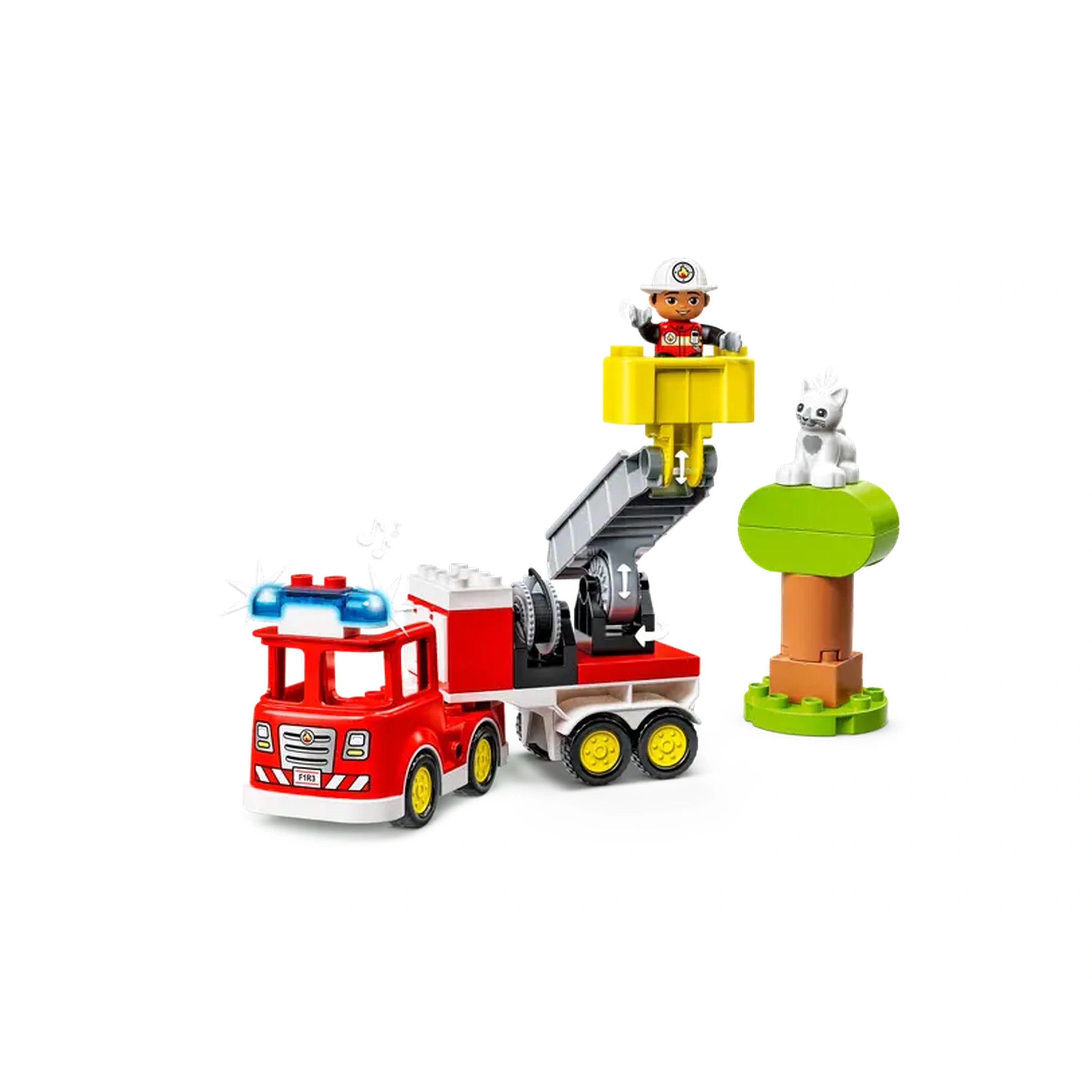 LEGO® DUPLO® Rescue Fire Truck set featuring a red fire truck with blue lights, a movable ladder, and a firefighter figure rescuing a cat from a tree.