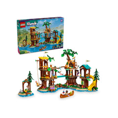 Colorful LEGO® Friends Adventure Camp Tree House set featuring five mini-dolls, vibrant trees, a zip line, and a playful landscape with a boat.