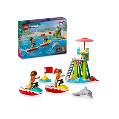 LEGO Friends Beach Water Scooter set features two mini-dolls on colorful water scooters near a lifeguard tower, with a playful dolphin nearby.