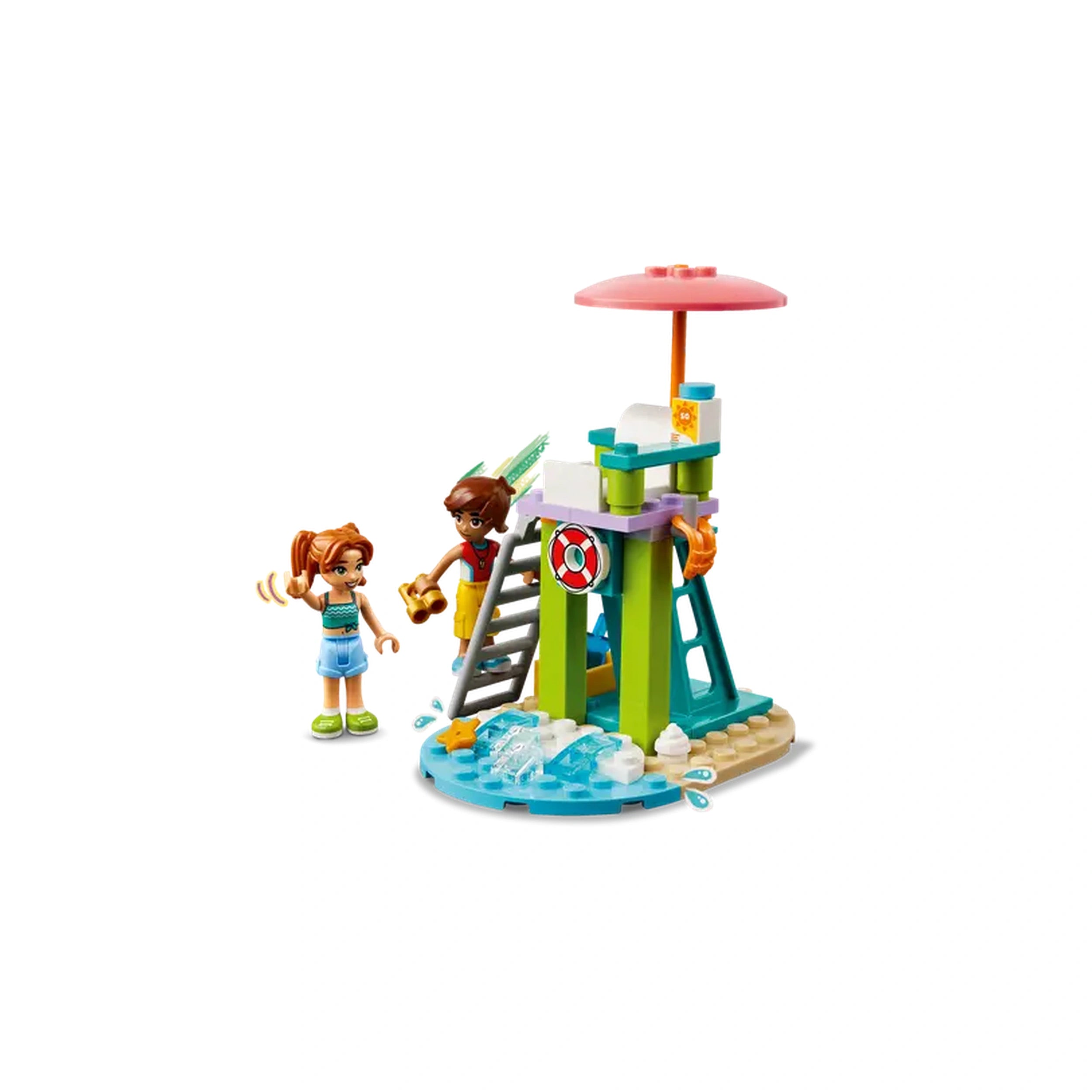 Two mini-dolls, Leo and Candi, play near a colorful lifeguard tower with a pink umbrella, surrounded by water elements and beach accessories.