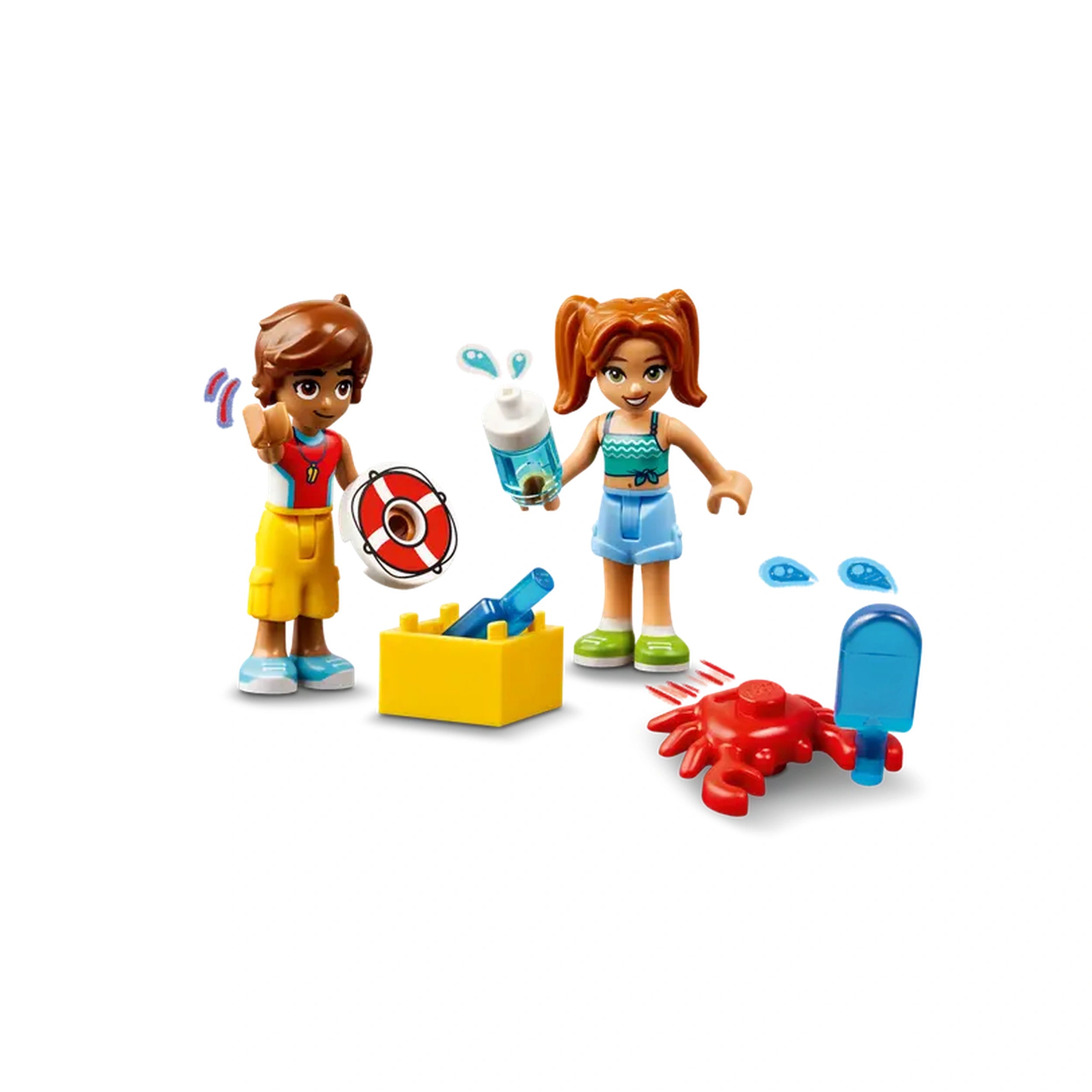 Two mini-dolls, one holding a lifebuoy and the other with a water bottle, stand by a yellow box. A red crab playfully steals an ice pop nearby.