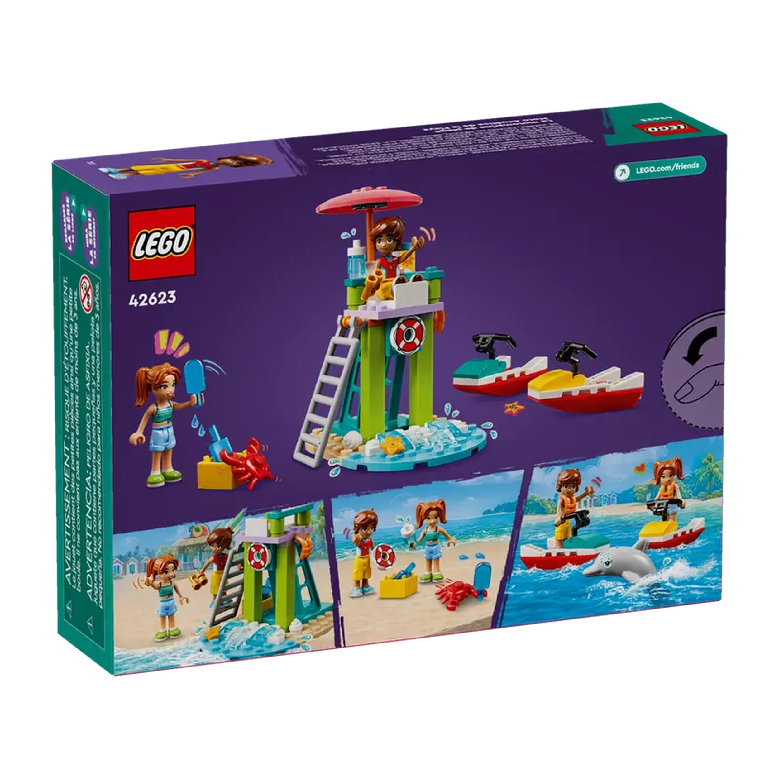 LEGO Friends Beach Water Scooter set showing colorful lifeguard tower, mini-dolls Leo and Candi, and two water scooters on a vibrant beach scene.
