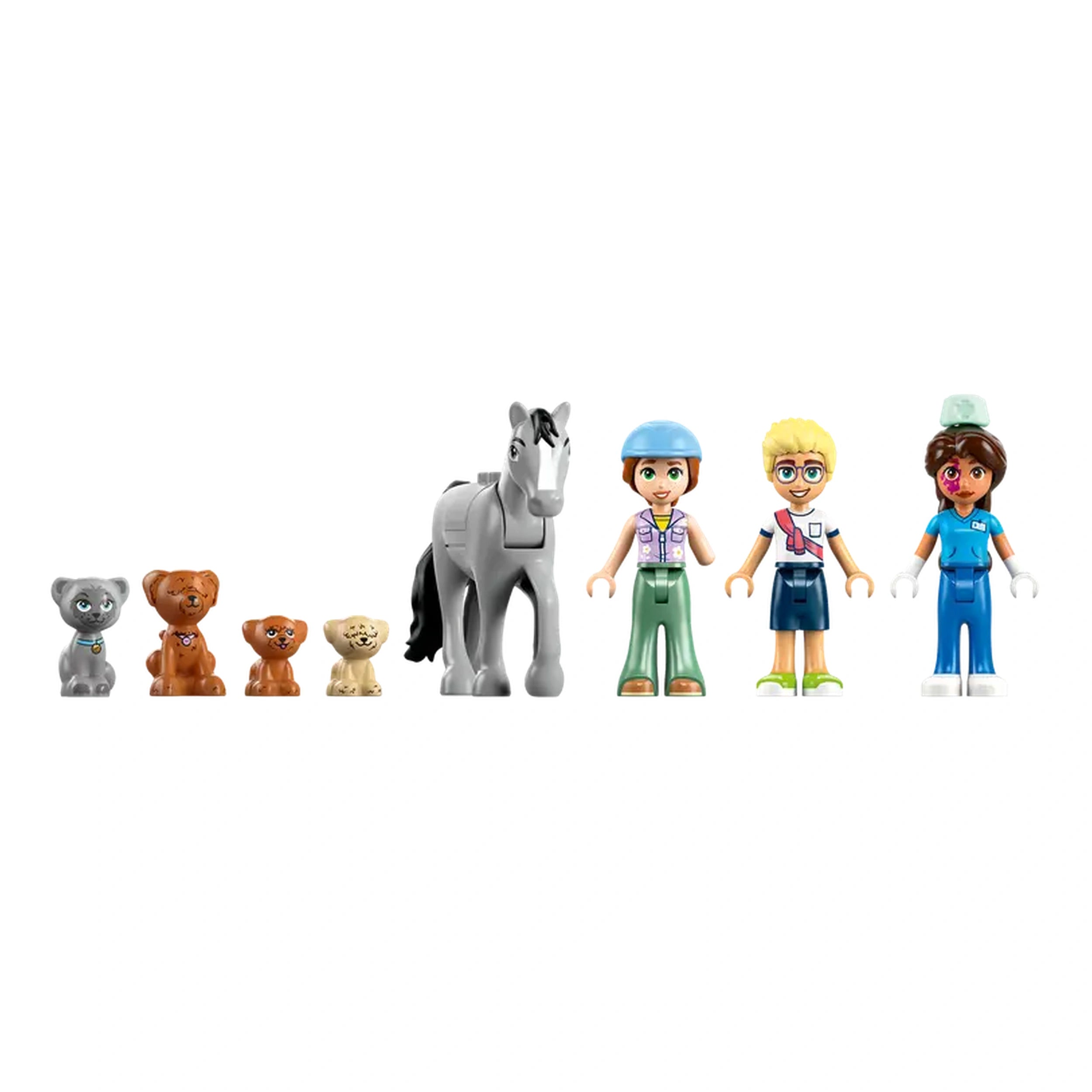 Five LEGO Friends minidolls stand next to a gray horse. From left to right, a gray cat, two brown dogs, and a beige dog are lined up. The first minidoll wears a blue collar, the horse looks friendly, while the children are dressed in colorful outfits and accessories, ready for imaginative play.