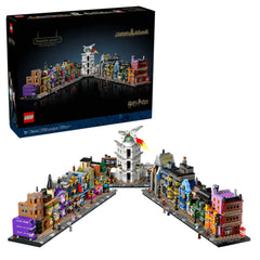 LEGO Harry Potter Diagon Alley construction set showcasing colorful microscale shops, including Ollivanders and Weasleys' Wizard Wheezes, with a central building.