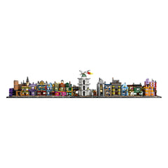 Colorful microscale Lego model of Diagon Alley featuring various shops like Weasleys' Wizard Wheezes, Florean Fortescue’s Ice Cream Parlor, and Ollivanders wand shop, with intricate details and charming exteriors.