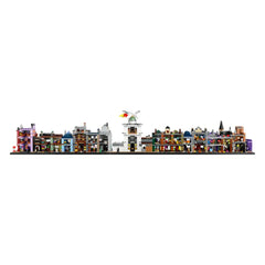 Colorful microscale model of Diagon Alley from Harry Potter, featuring detailed shops like Weasleys' Wizard Wheezes and Ollivanders.