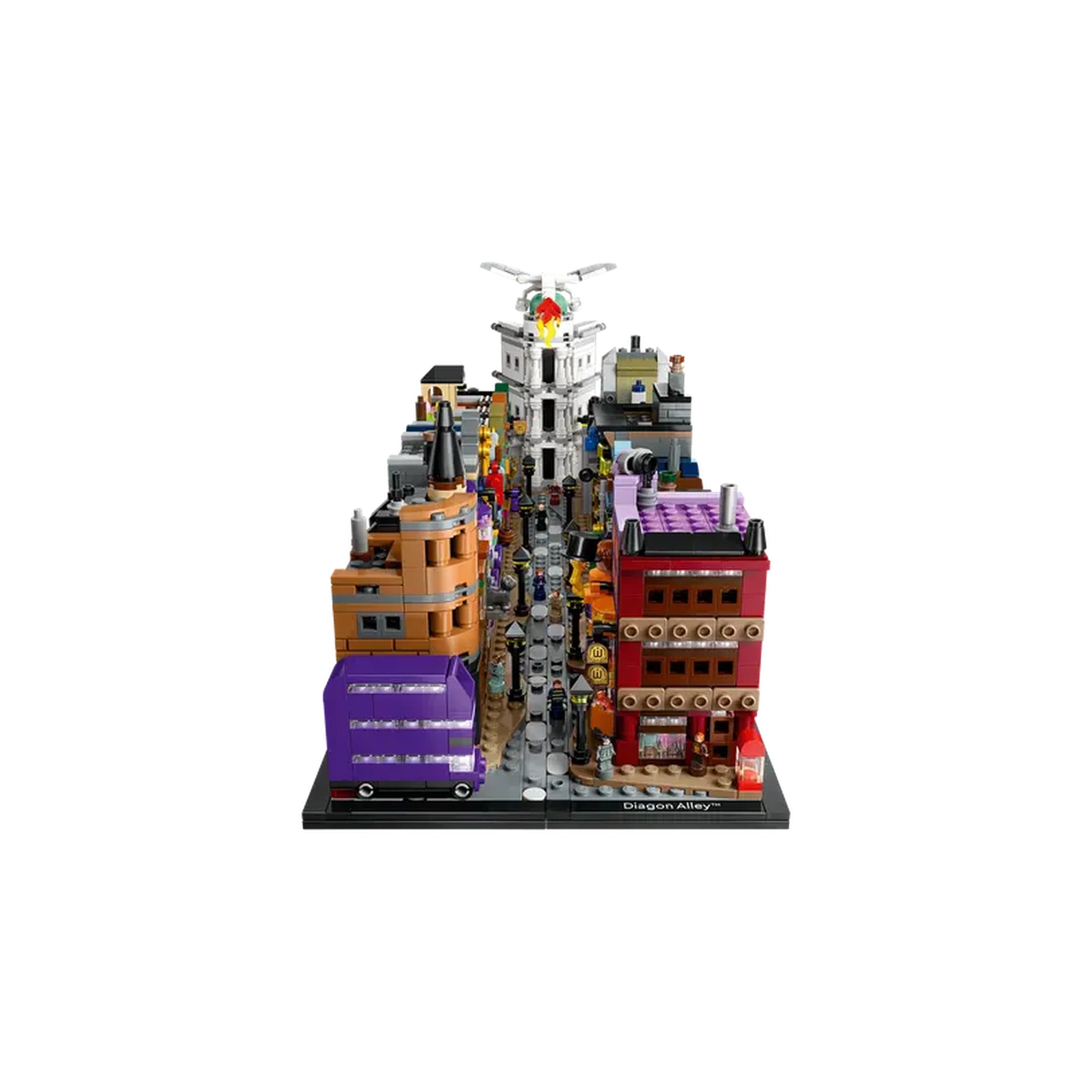 Colorful microscale LEGO® model of Diagon Alley, featuring buildings like Weasleys' Wizard Wheezes and Ollivanders™ wand shop, packed with whimsical details and nostalgic charm.