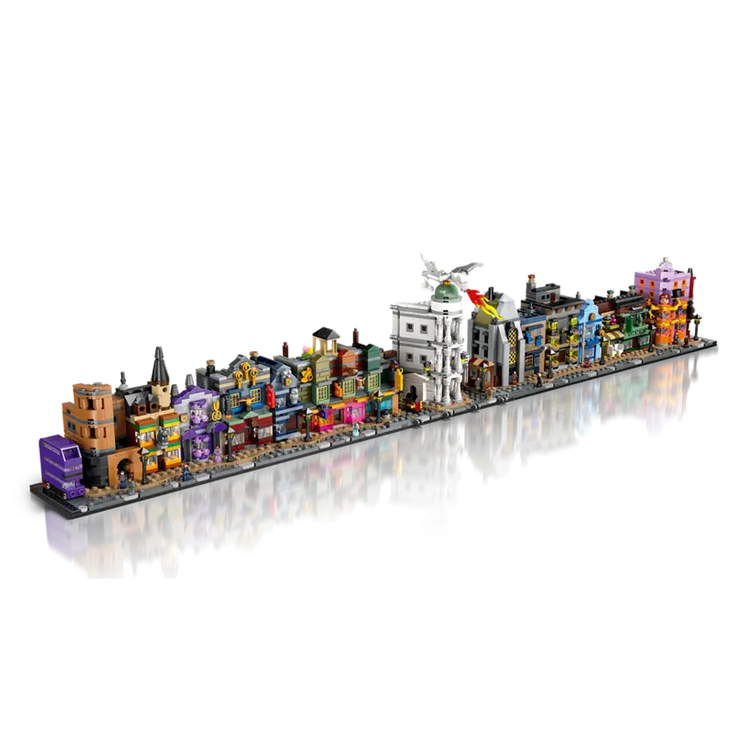 Colorful microscale representation of Diagon Alley with detailed wizarding shops like Ollivanders, Weasleys' Wizard Wheezes, and Florean Fortescue’s Ice Cream Parlor.
