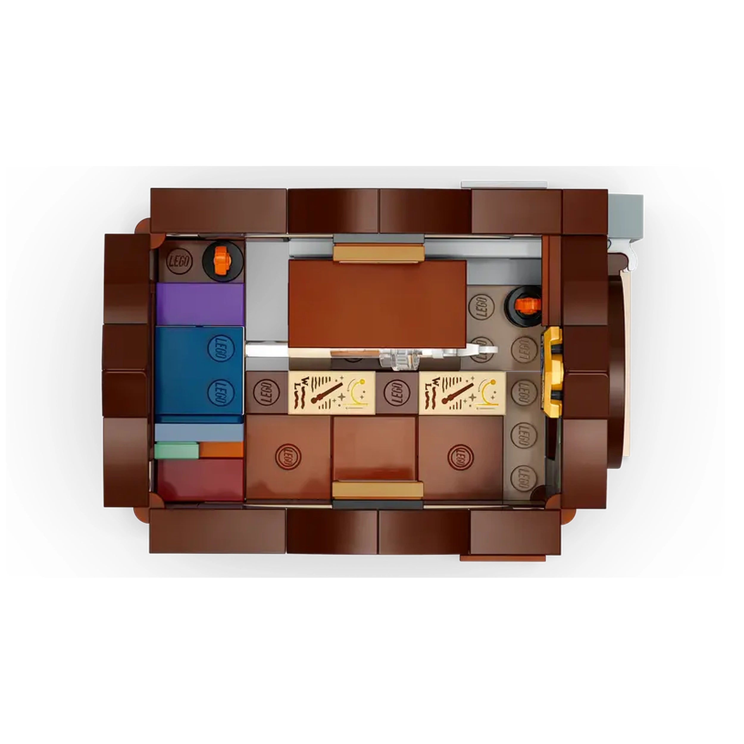 Colorful LEGO bricks assemble a charming classroom scene from the Hogwarts Charms Class, featuring desks, a chalkboard, and spell-casting tools.