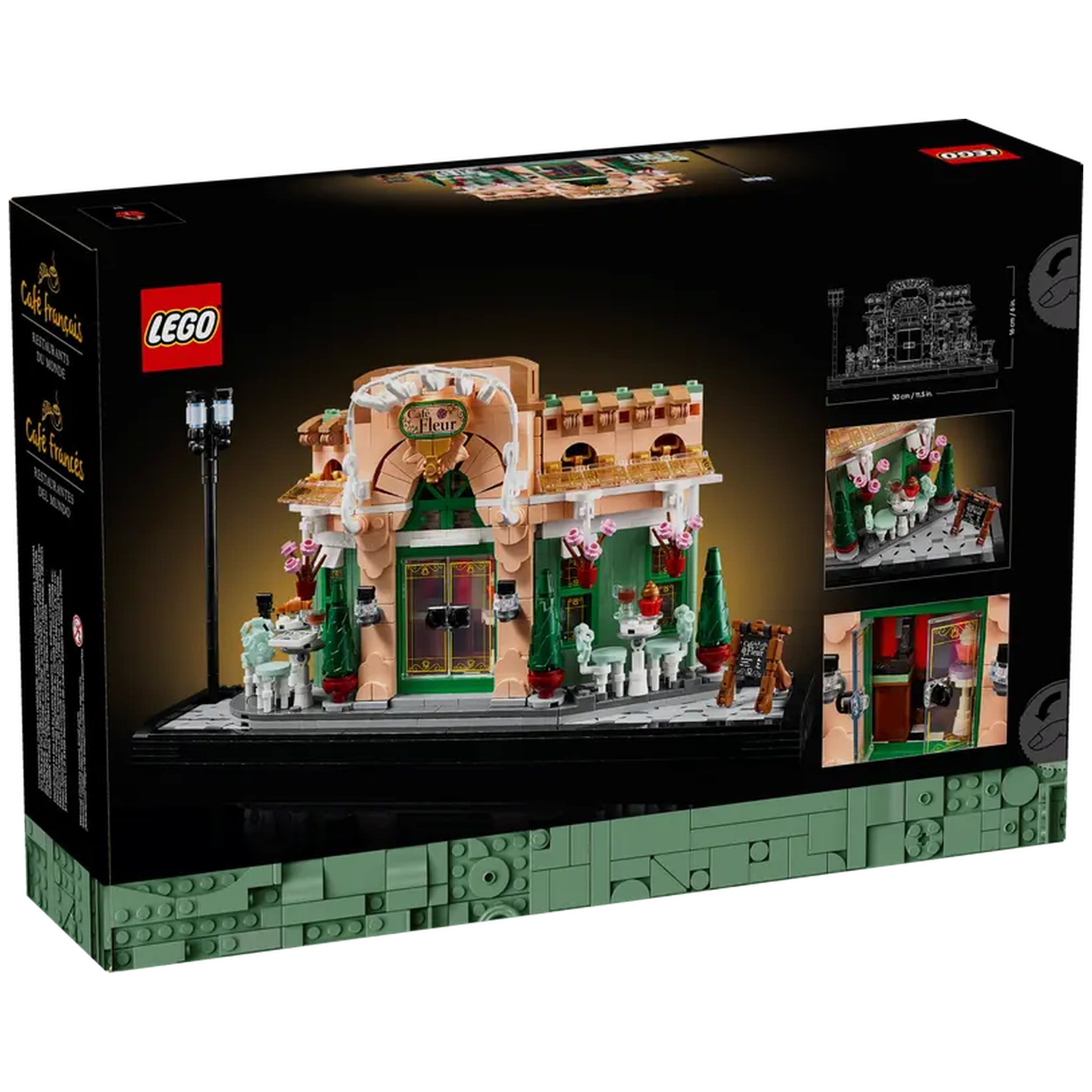 LEGO Icons French Café construction set featuring a charming bistro façade with pink and green accents, intricate details, and elegant outdoor seating.