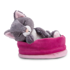 NICI - Sleeping Pets Grey Cat in Pink Basket - Stuffed Animals