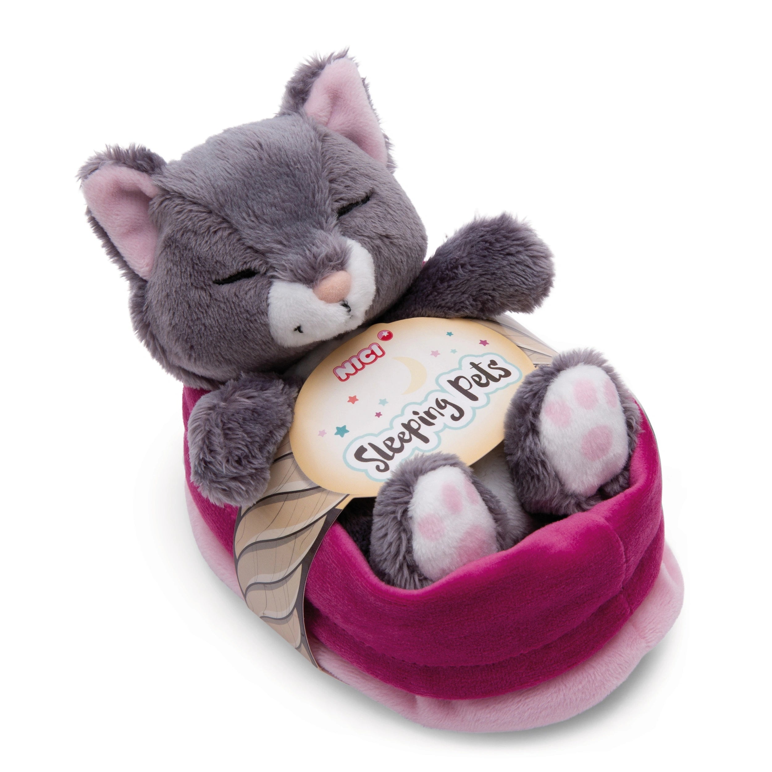 NICI - Sleeping Pets Grey Cat in Pink Basket - Stuffed Animals