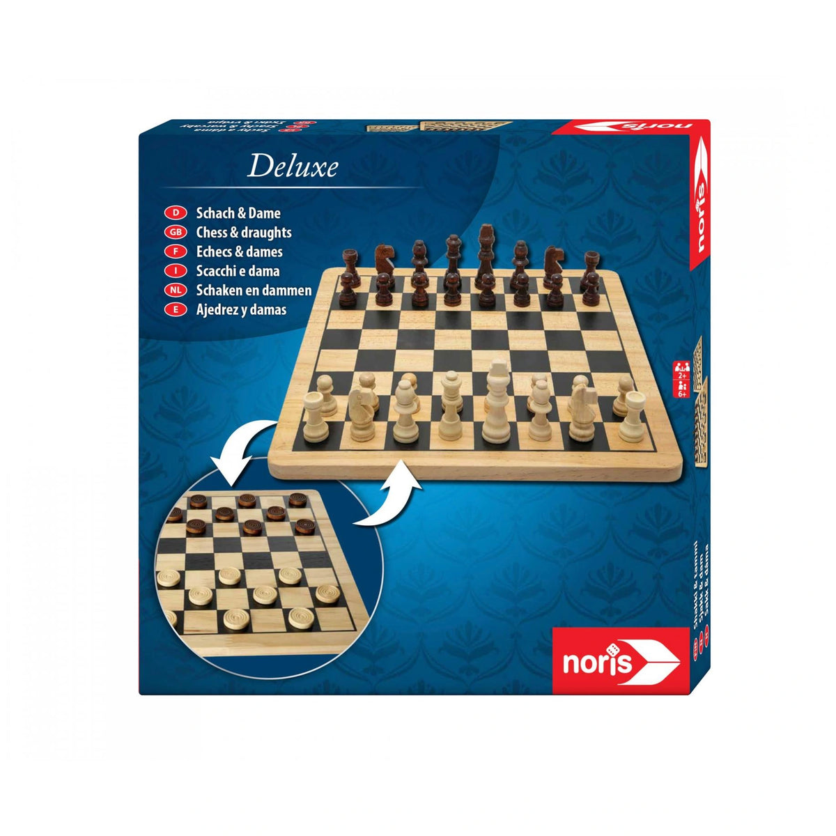 Noris - Deluxe Houten - Schaak & Dam - Bordspellen - Internationale Editie - Bordspellen